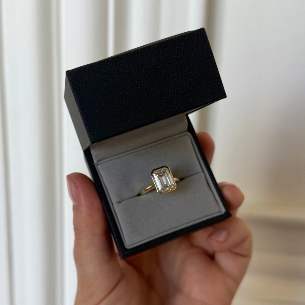 3ct Emerald Cut Diamond Bezel-Set Ring in 14k Yellow Gold