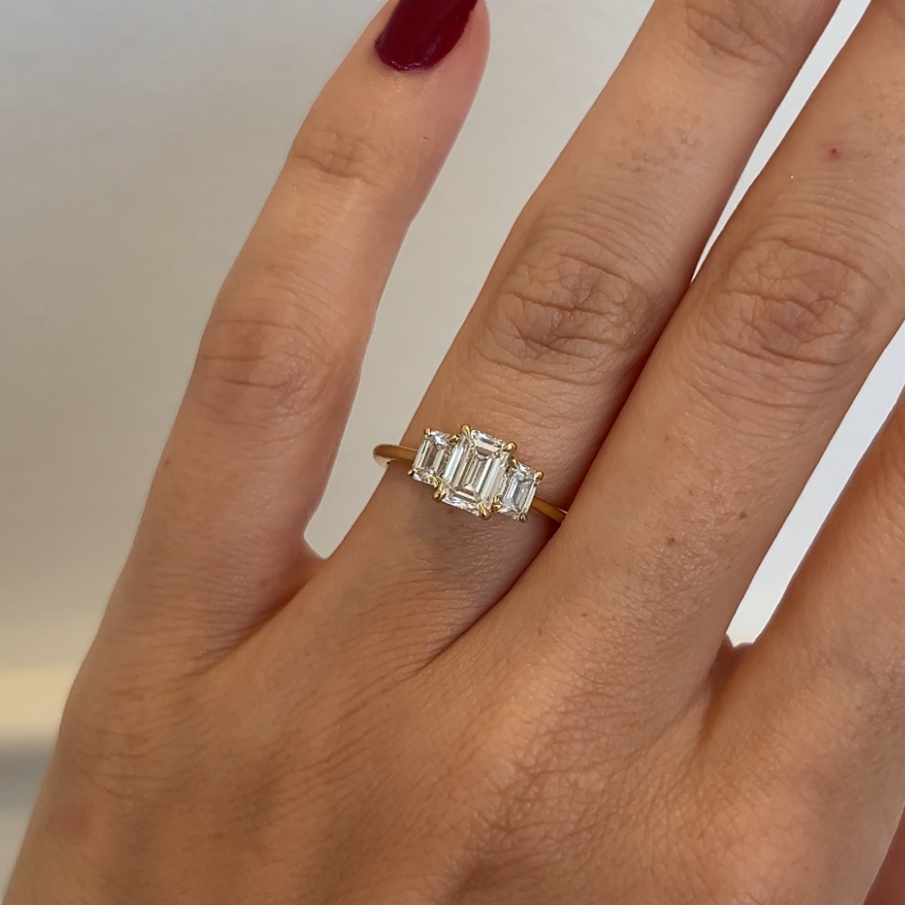 Custom Emerald Cut Diamond Trilogy Ring