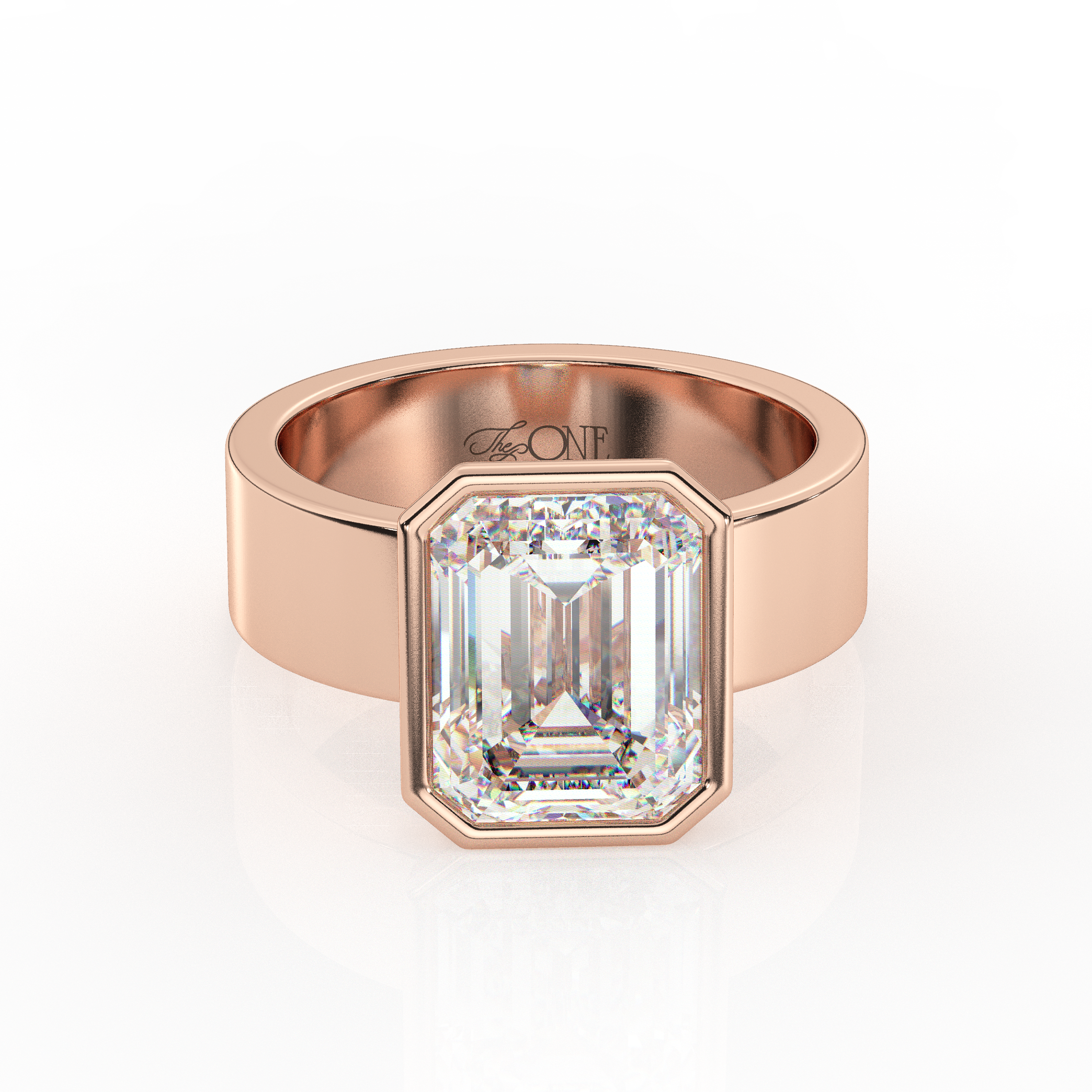 Diamond Emerald Bezel Solitaire on a Cigar Band Rose Gold