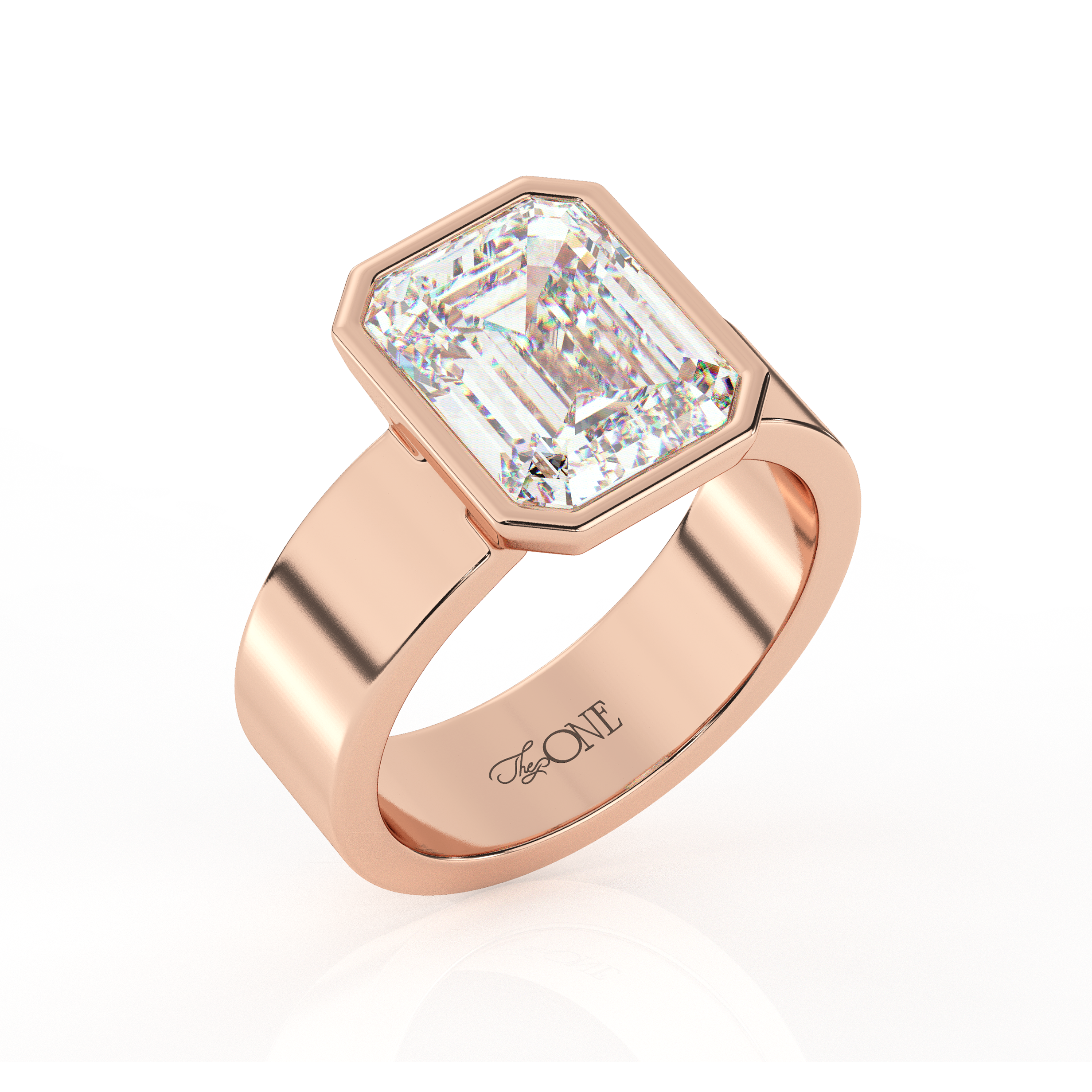 Diamond Emerald Bezel Solitaire on a Cigar Band Rose Gold