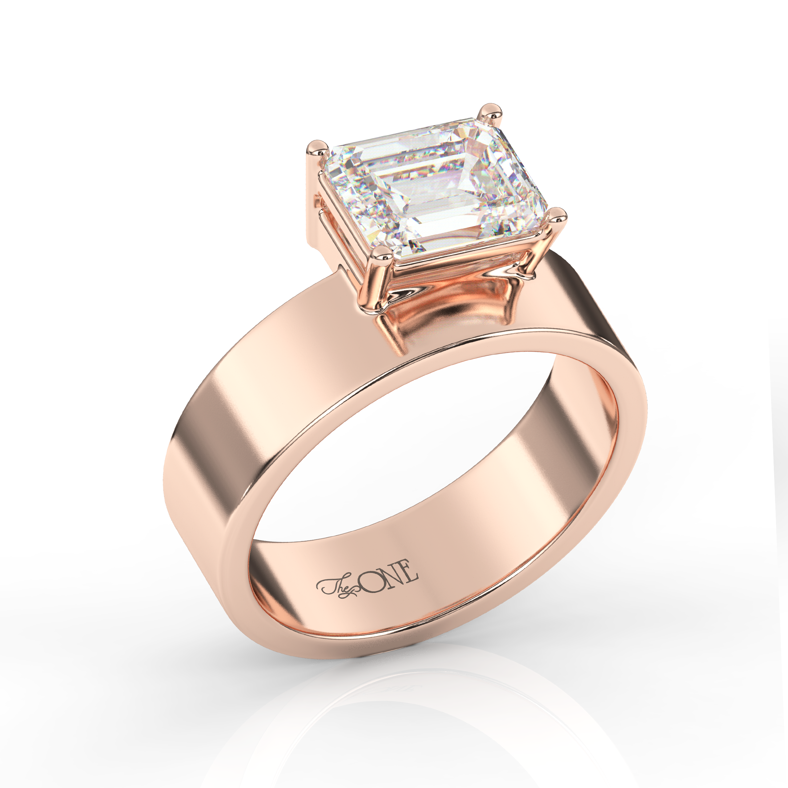 East-West Set Emerald Solitaire Diamond Ring and Cigar Band Set Rose Gold