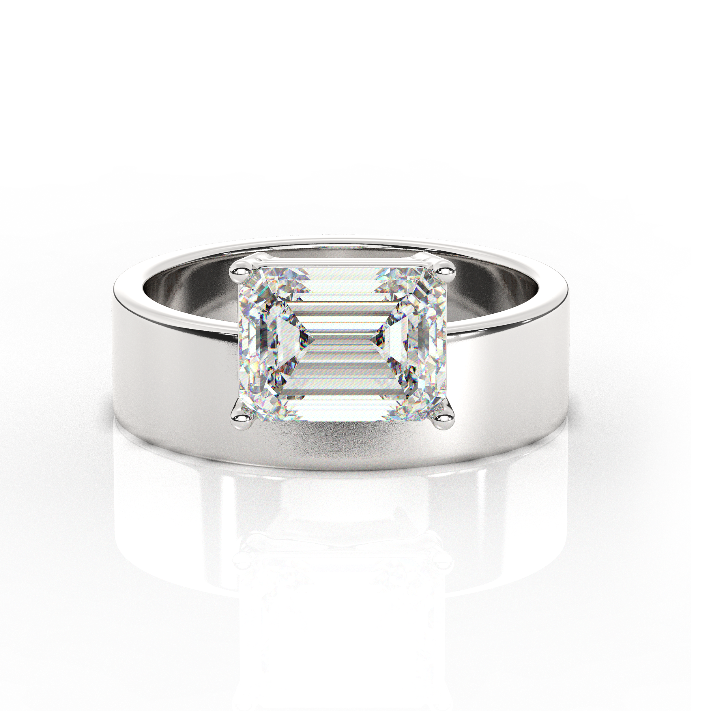 East-West Set Emerald Solitaire Diamond Ring and Cigar Band Set White Gold