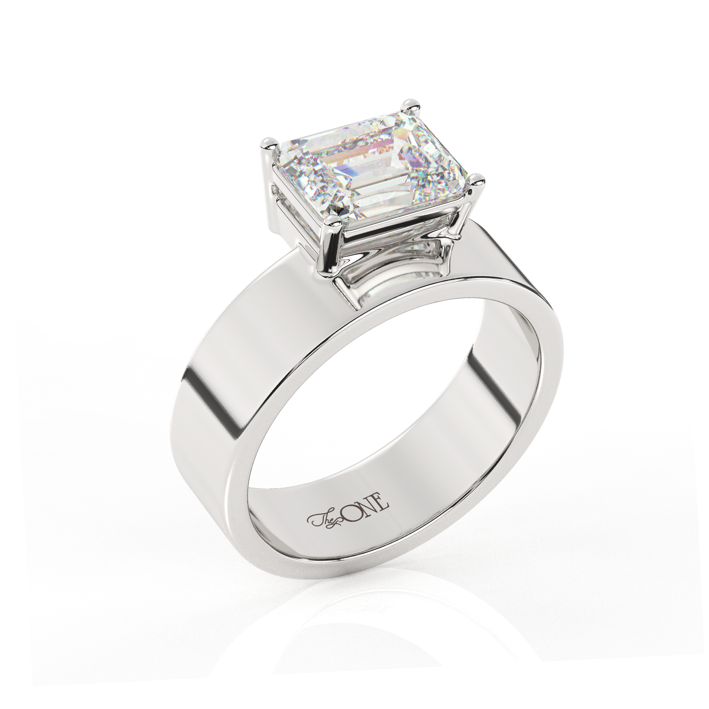 East-West Set Emerald Solitaire Diamond Ring and Cigar Band Set Sterling Silver