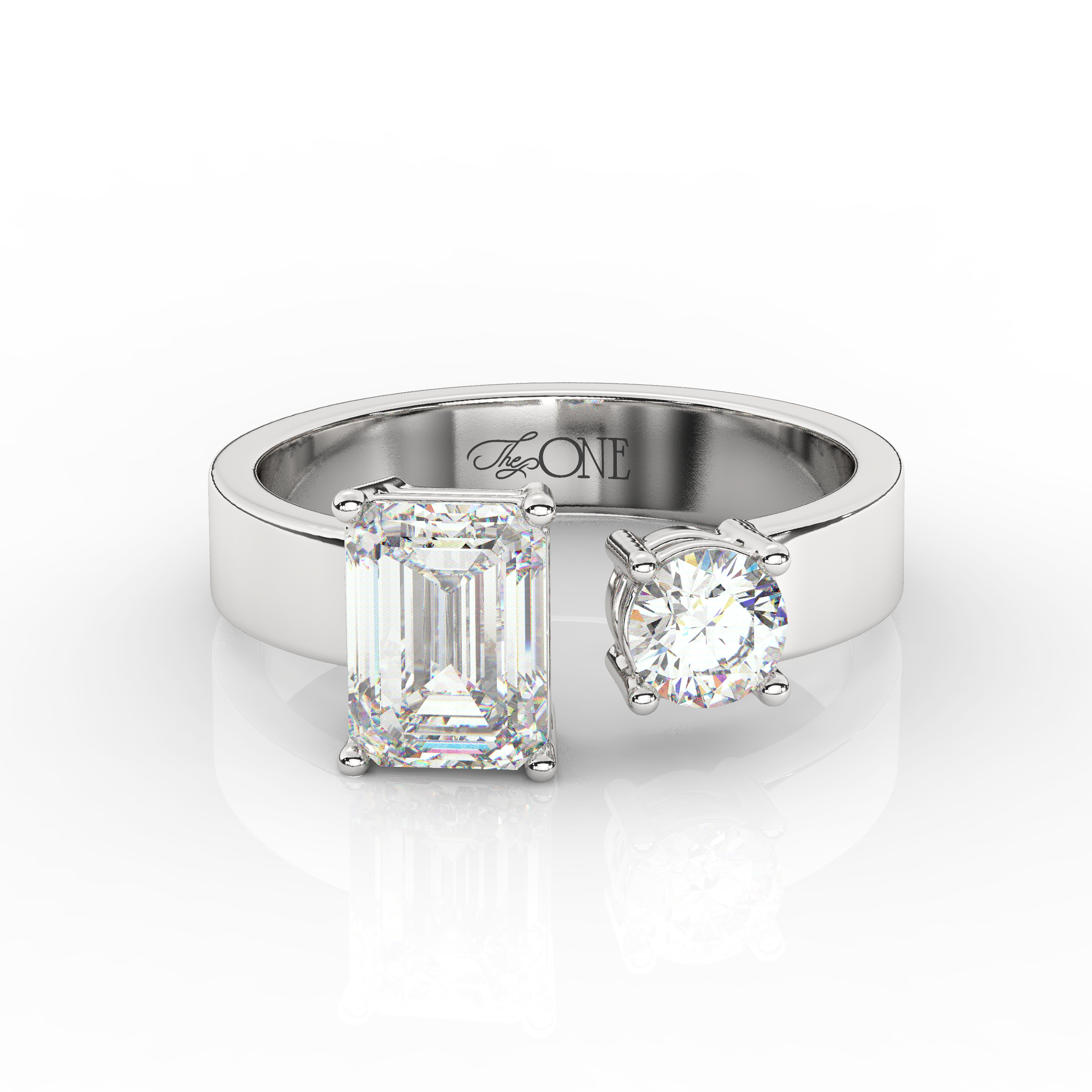 Emerald and Round Toi et Moi Diamond Ring White Gold