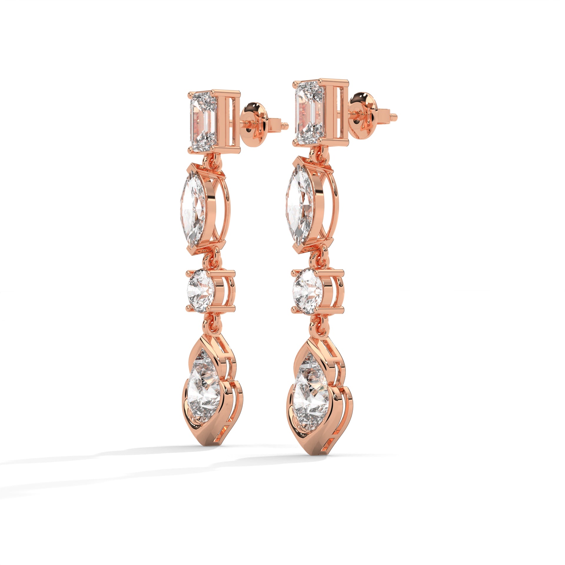 Four-Shape Diamond Drop Earrings Rose Gold