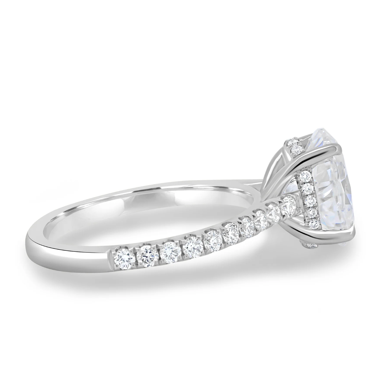 Oval Diamond Engagement Ring on a Pavé Band With a Hidden Halo White Gold Platinum Side