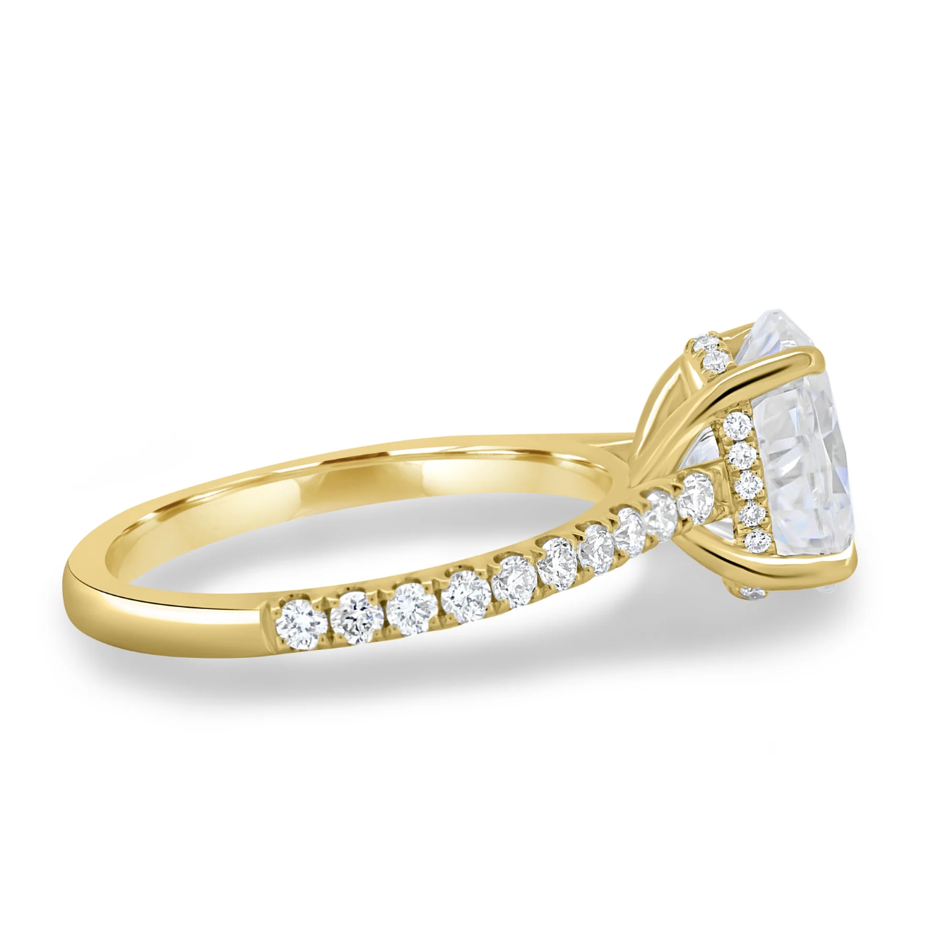 Oval Diamond Engagement Ring on a Pavé Band With a Hidden Halo Yellow Gold Side