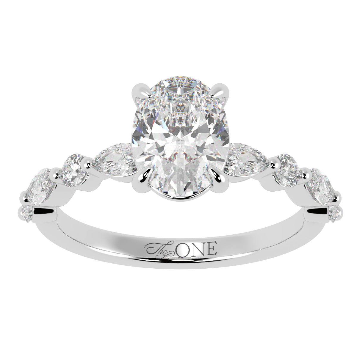 Oval Engagement Ring with Round & Marquise Accents White Gold