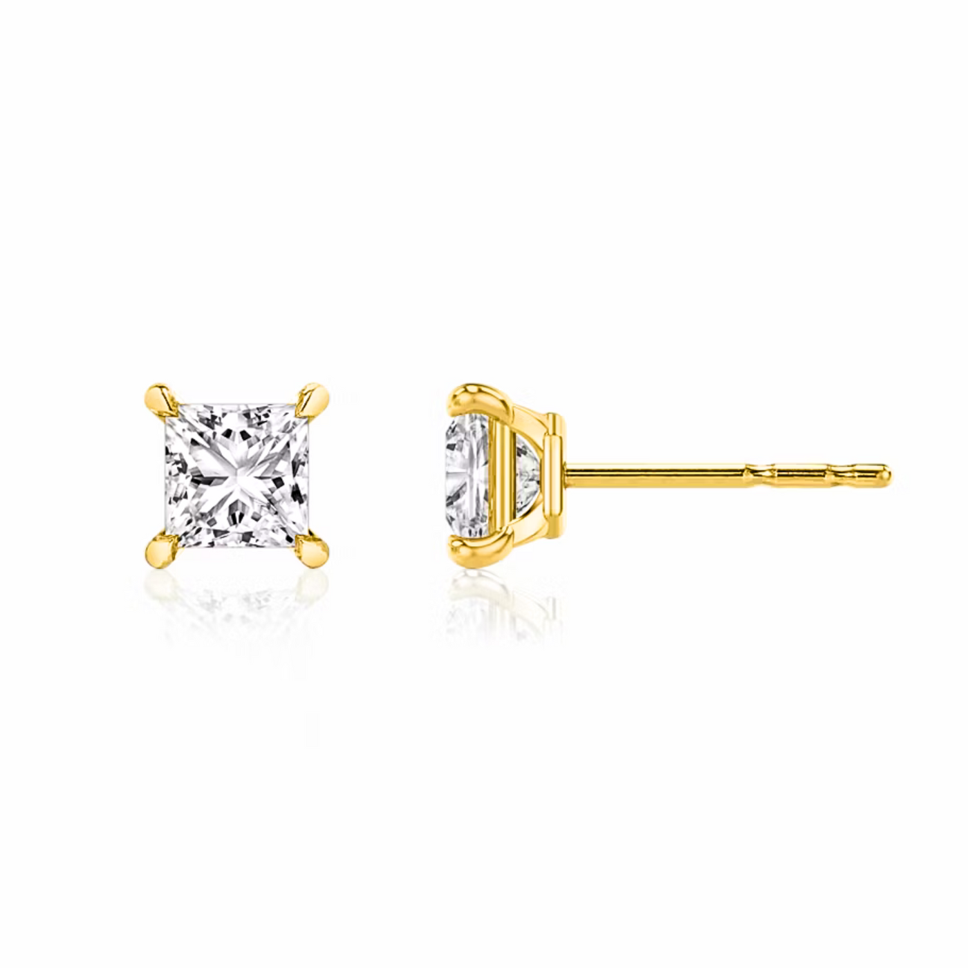 Princess Cut Diamond Stud Earrings Yellow Gold