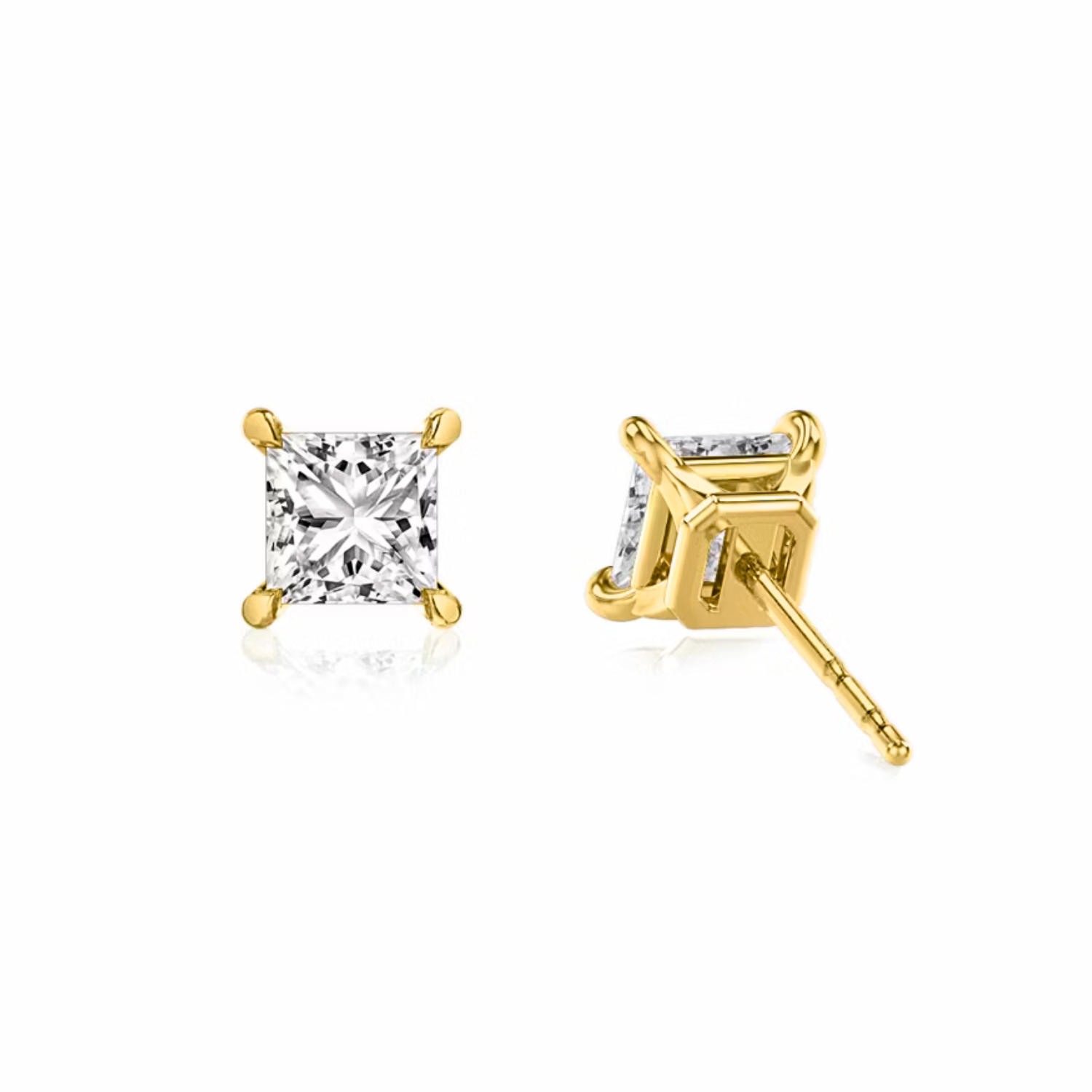 Princess Cut Diamond Stud Earrings Yellow Gold