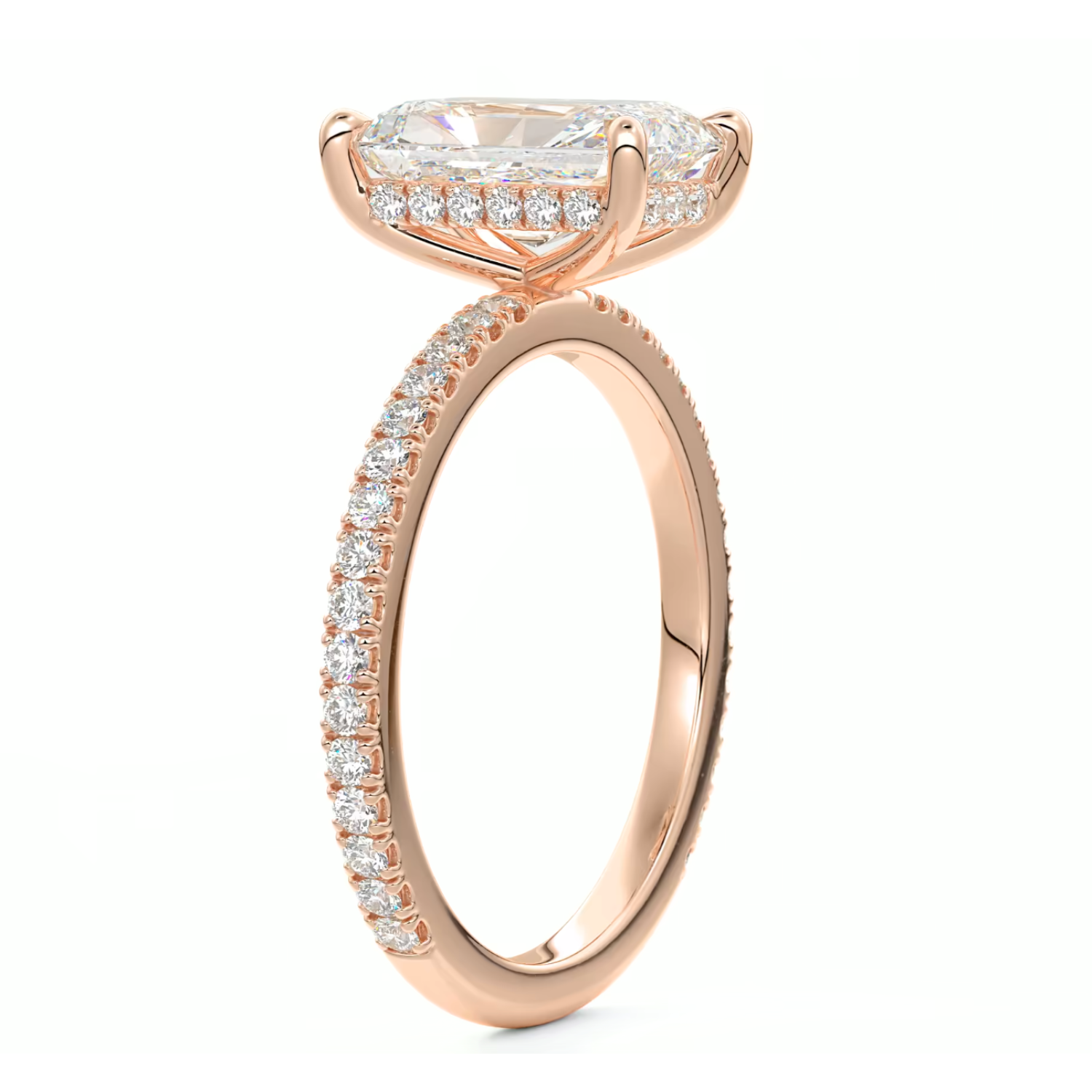 Radiant Cut Diamond on a Pavé Band with a Hidden Halo Rose Gold
