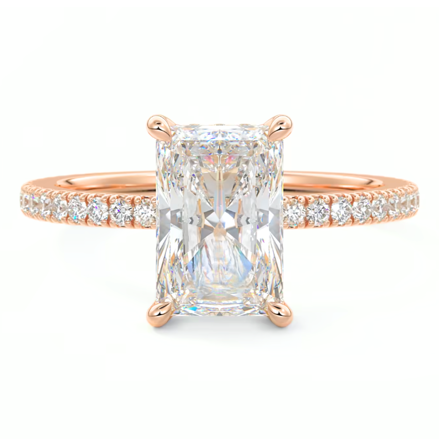 Radiant Cut Diamond on a Pavé Band with a Hidden Halo Rose Gold