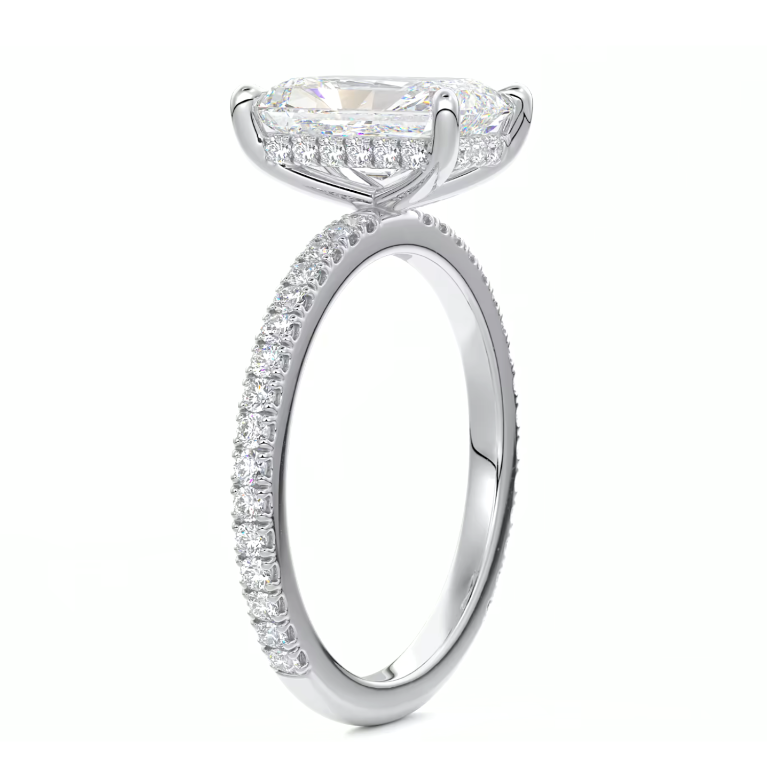 Radiant Cut Diamond on a Pavé Band with a Hidden Halo White Gold