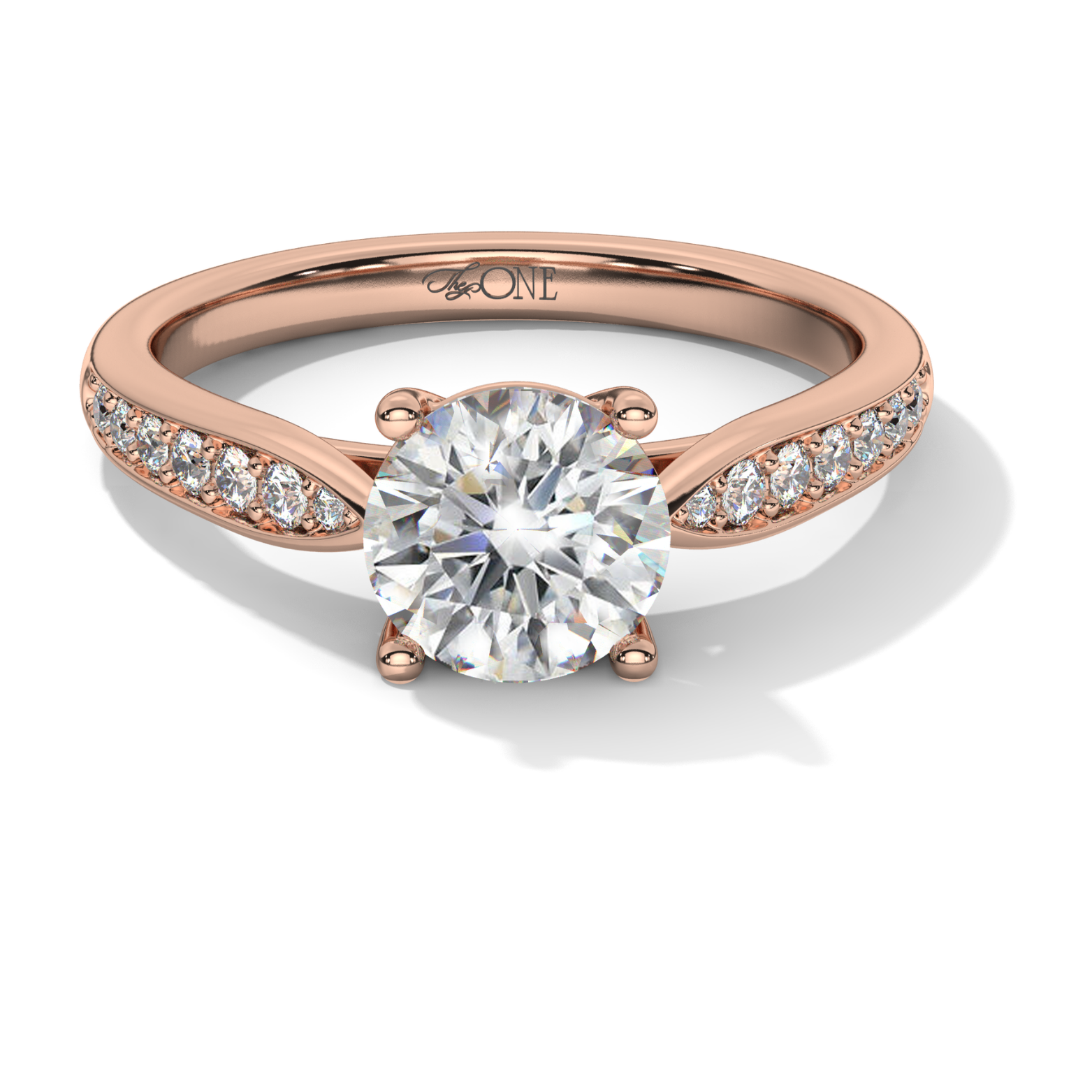 Round, 4-Claw with Tapered Accent Stone Band Rose Gold