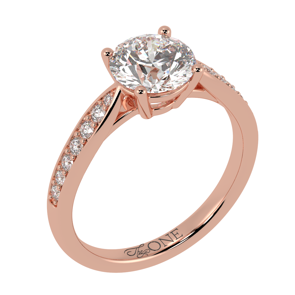 Round, 4-Claw with Tapered Accent Stone Band Rose Gold