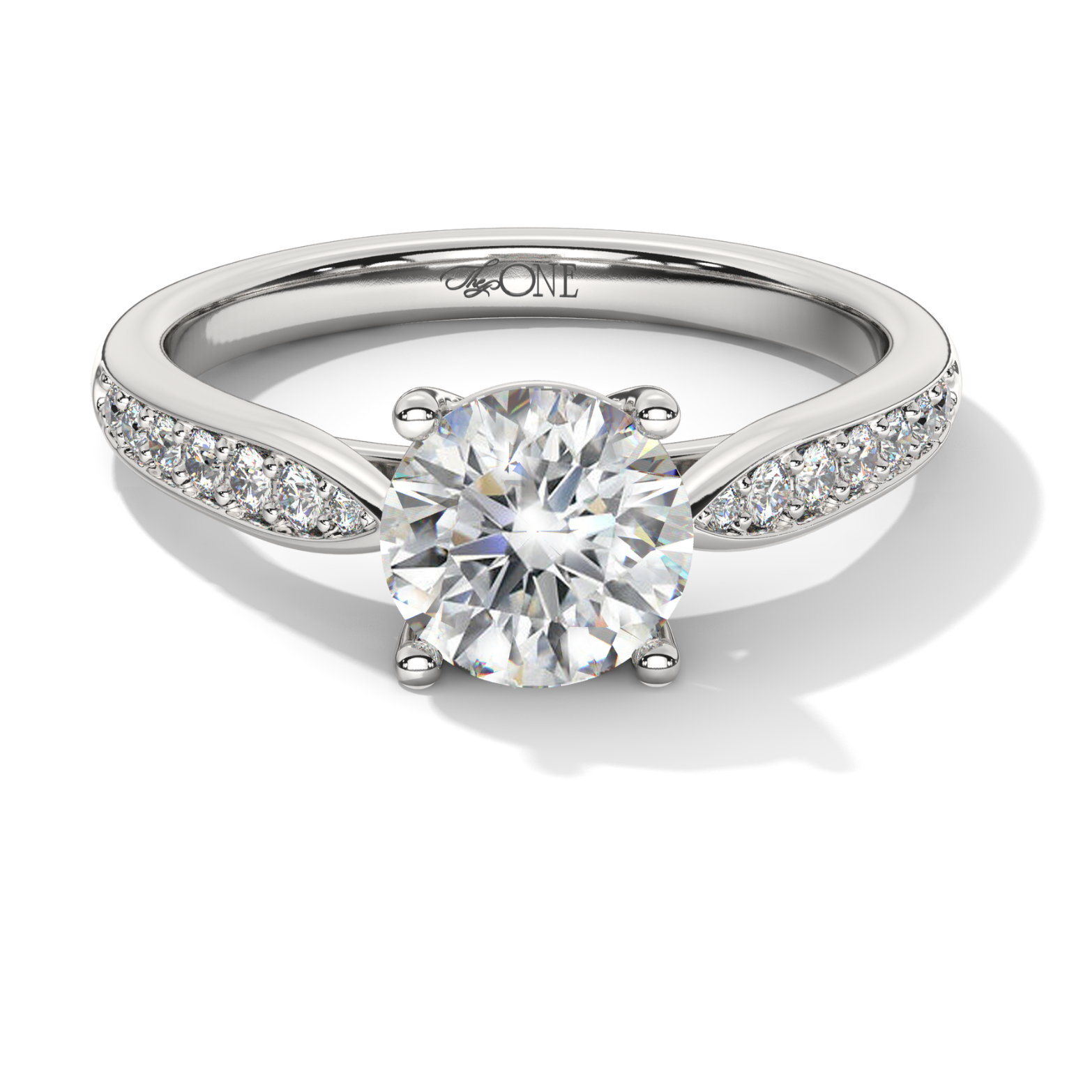 Round, 4-Claw with Tapered Accent Stone Band White Gold