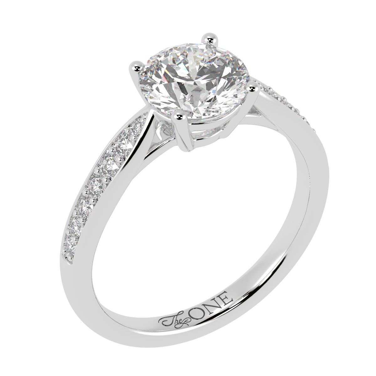 Round, 4-Claw with Tapered Accent Stone Band White Gold