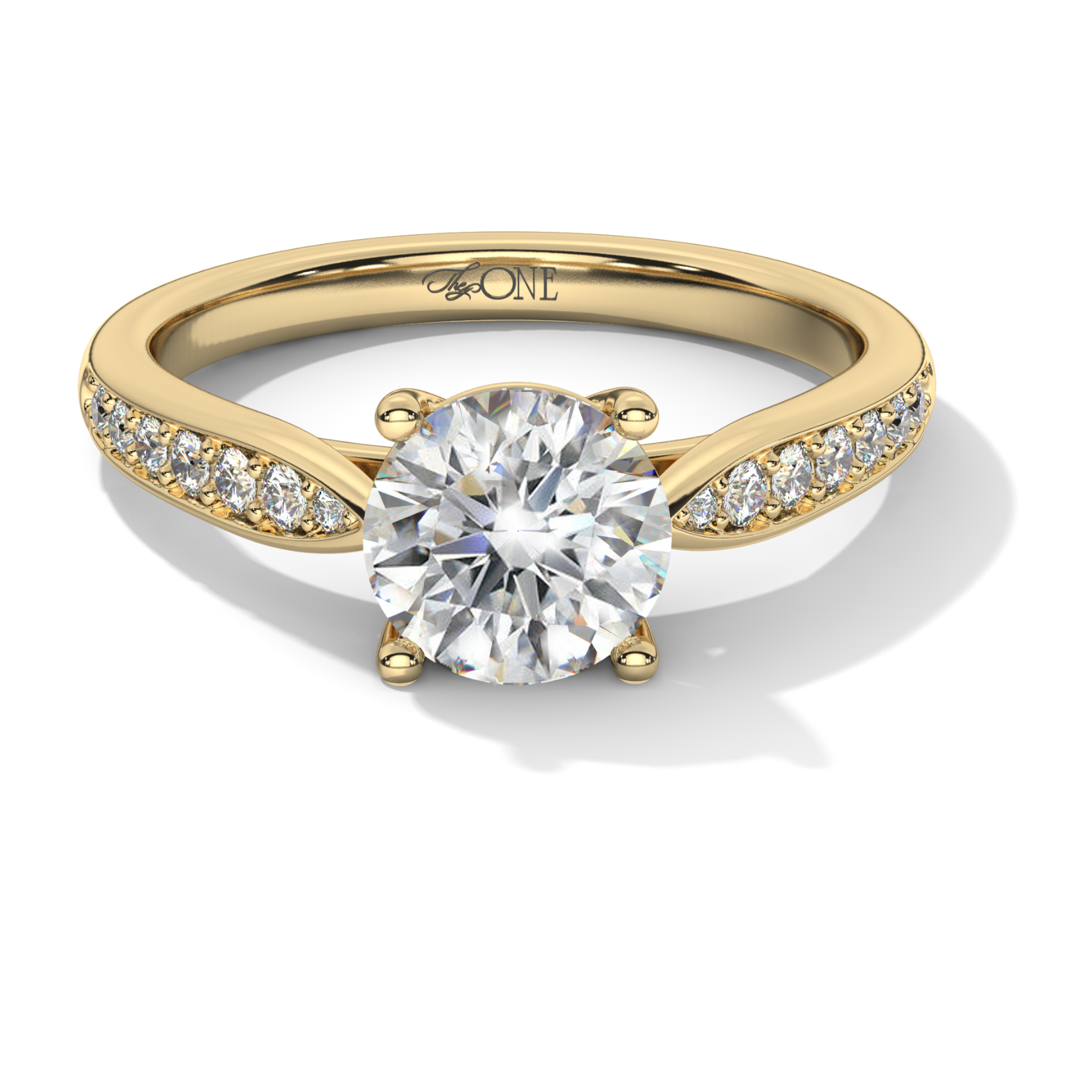 Round, 4-Claw with Tapered Accent Stone Band Yellow Gold