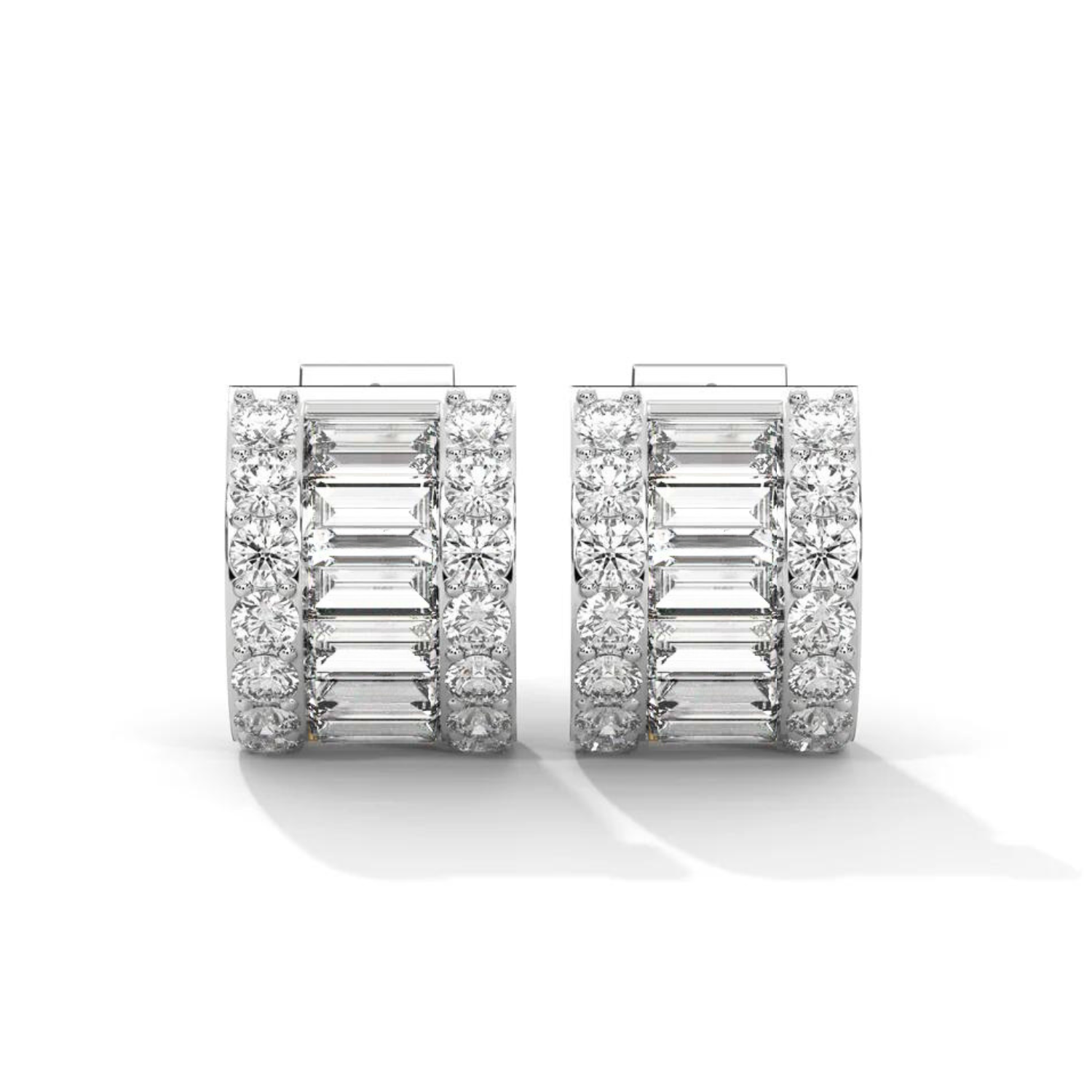 Round & Baguette Huggie Earrings White Gold