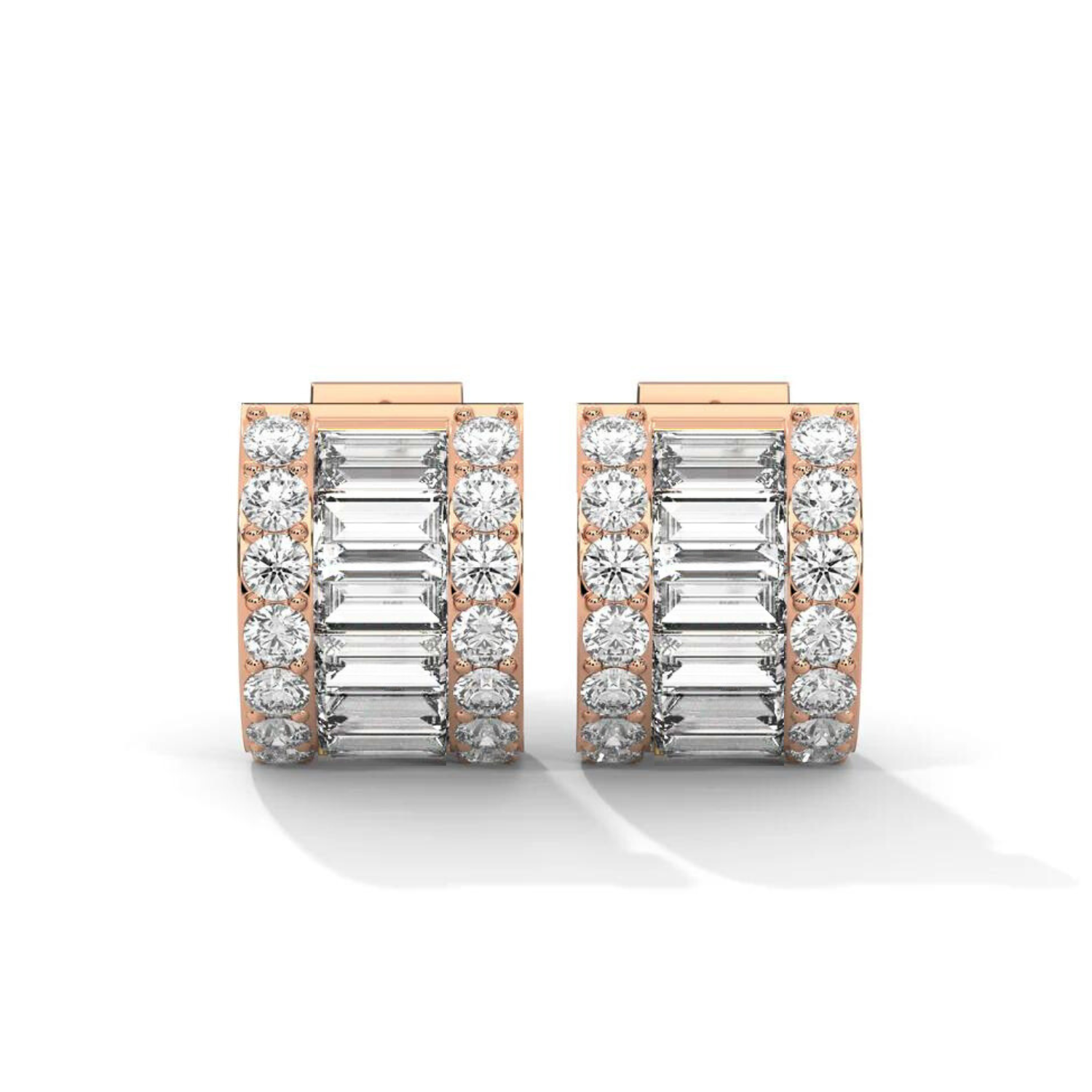 Round & Baguette Huggie Earrings Rose Gold
