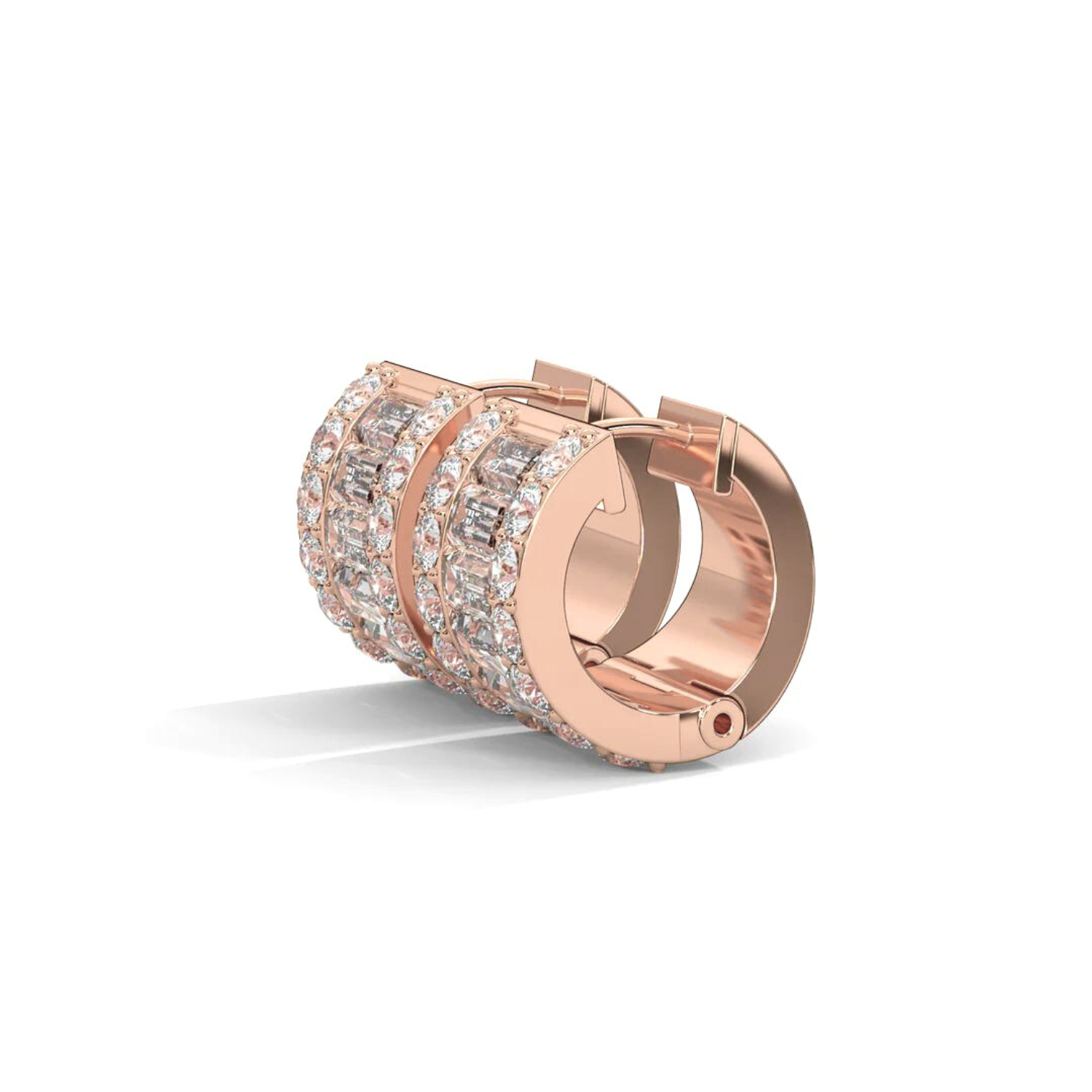 Round & Baguette Huggie Earrings Rose Gold