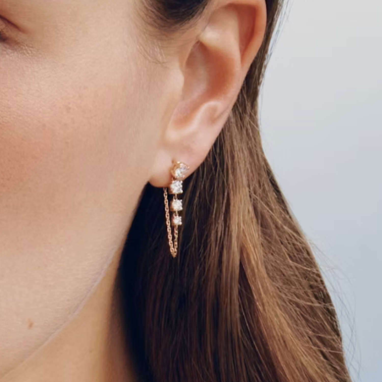 Round Diamond Drop Link Earrings Yellow Gold