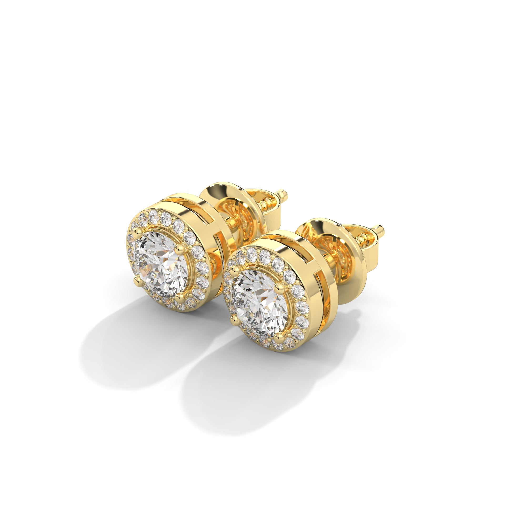 Round Diamond Halo Stud Earrings Yellow Gold