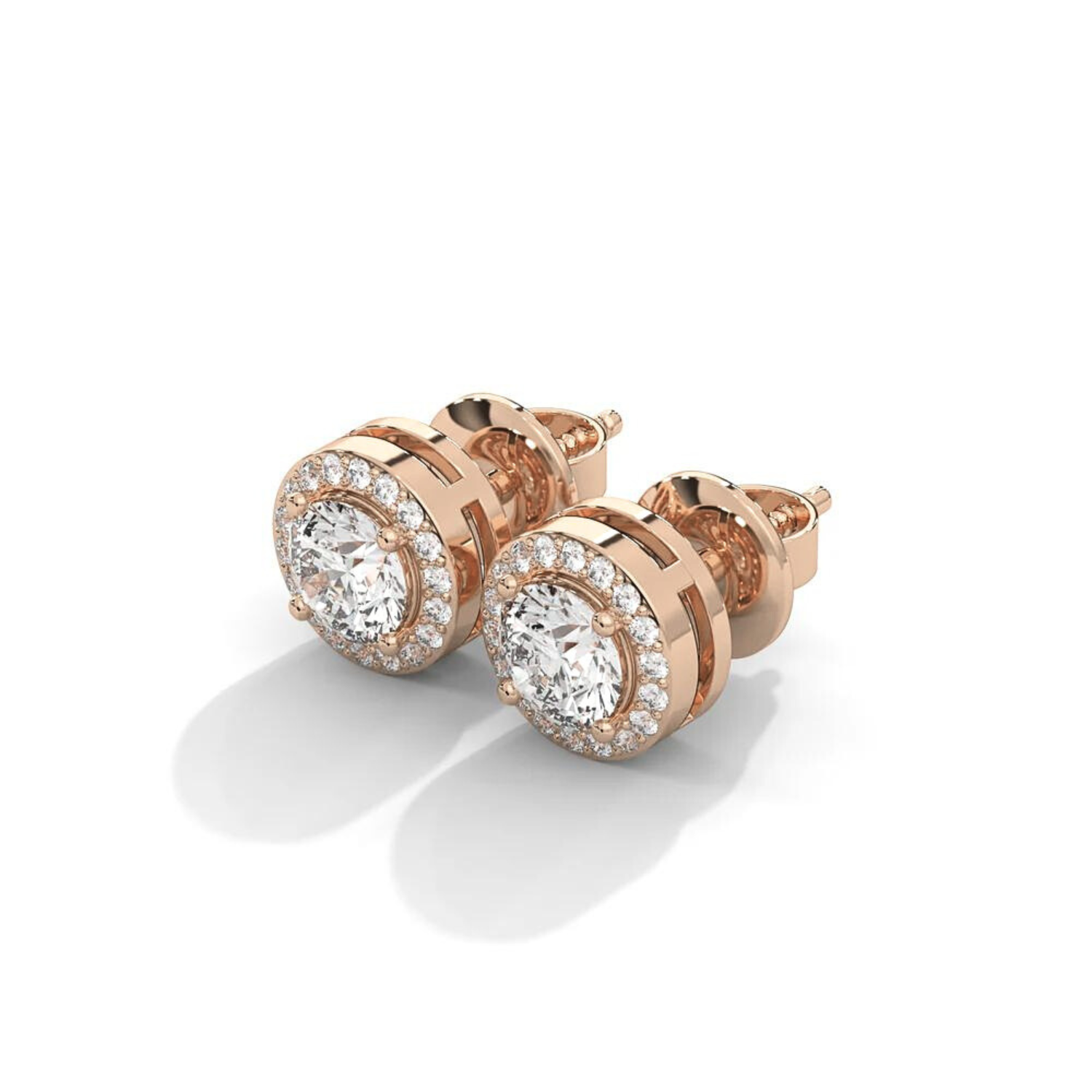 Round Diamond Halo Stud Earrings Rose Gold