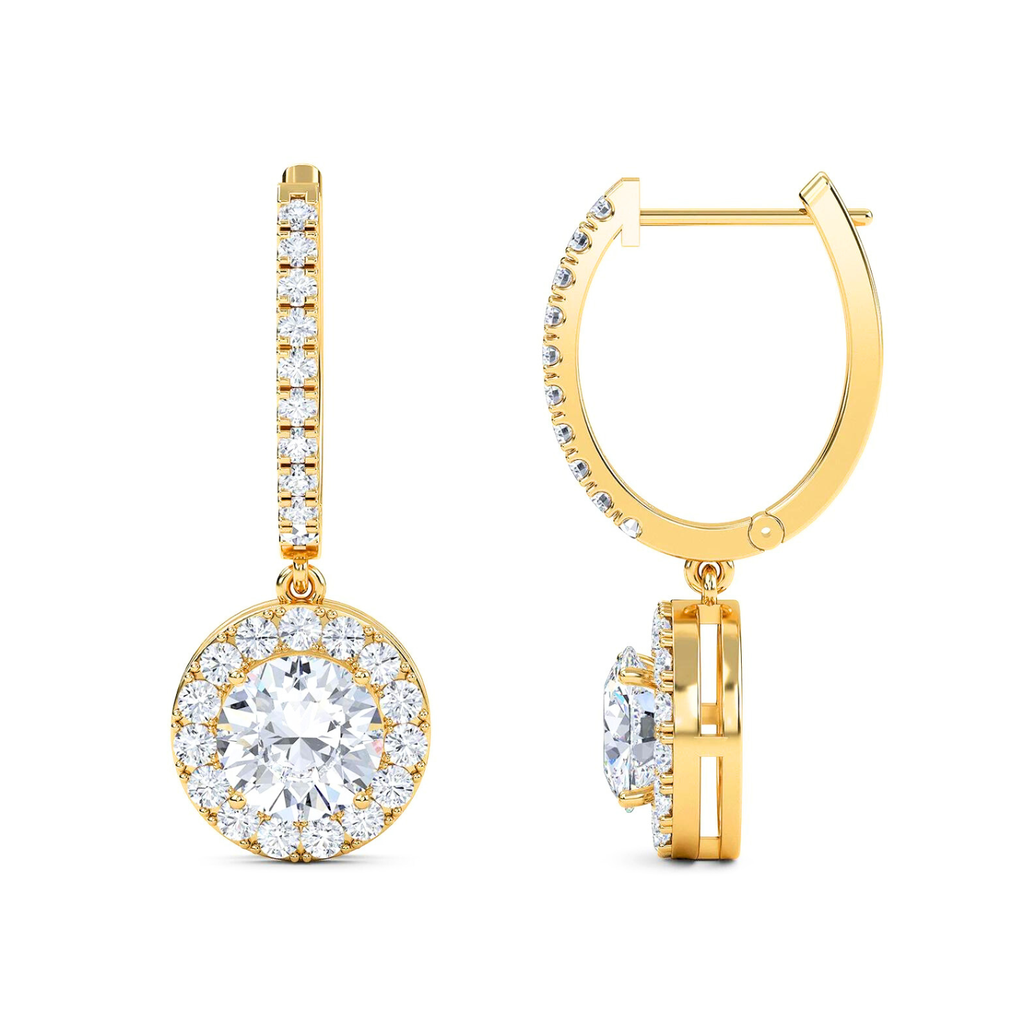 Round Halo Drop Earrings Yellow Gold