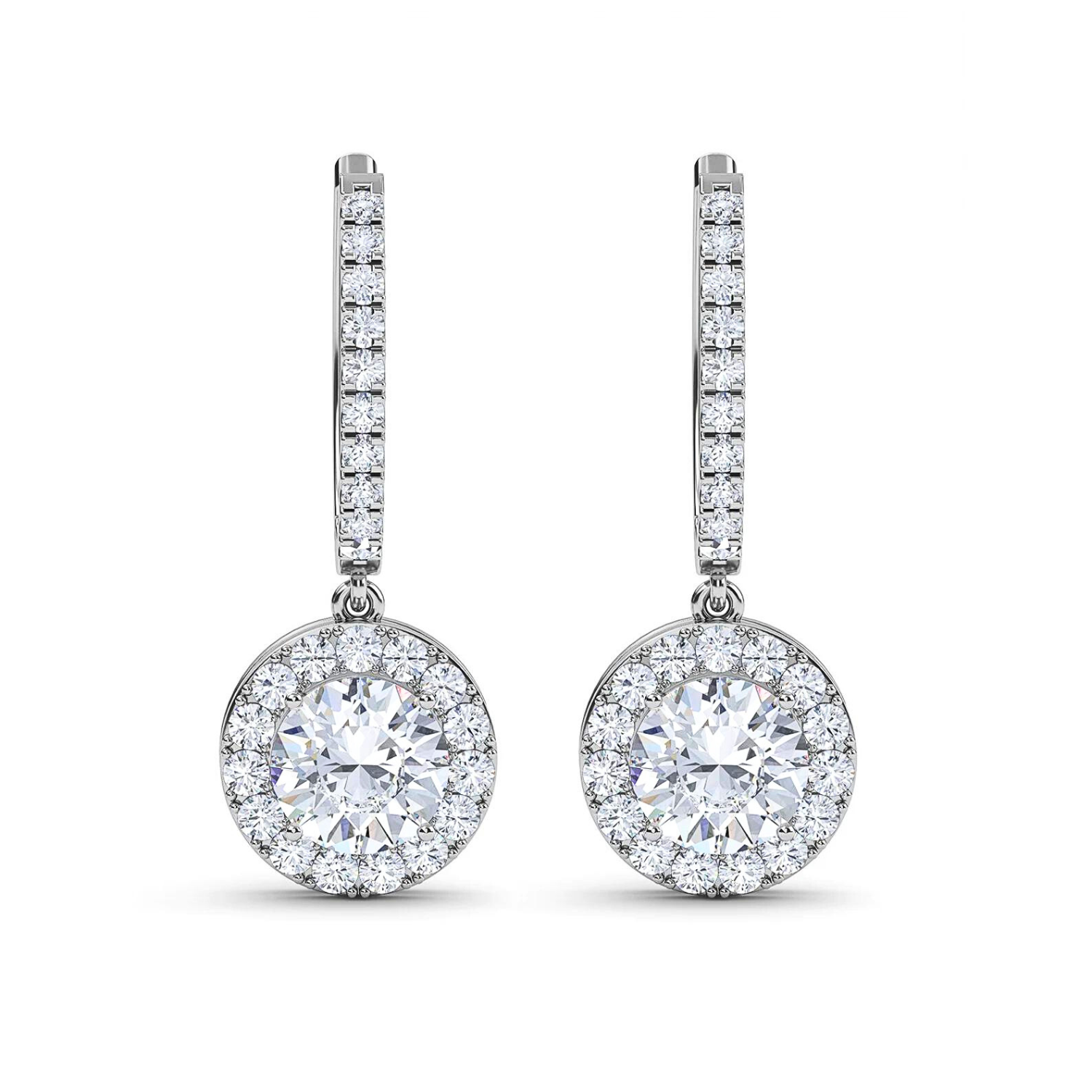Round Halo Drop Earrings White Gold