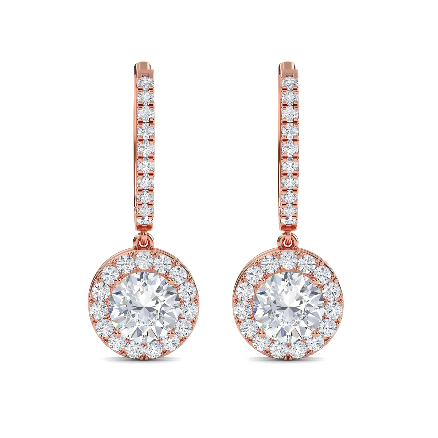 Round Halo Drop Earrings Rose Gold