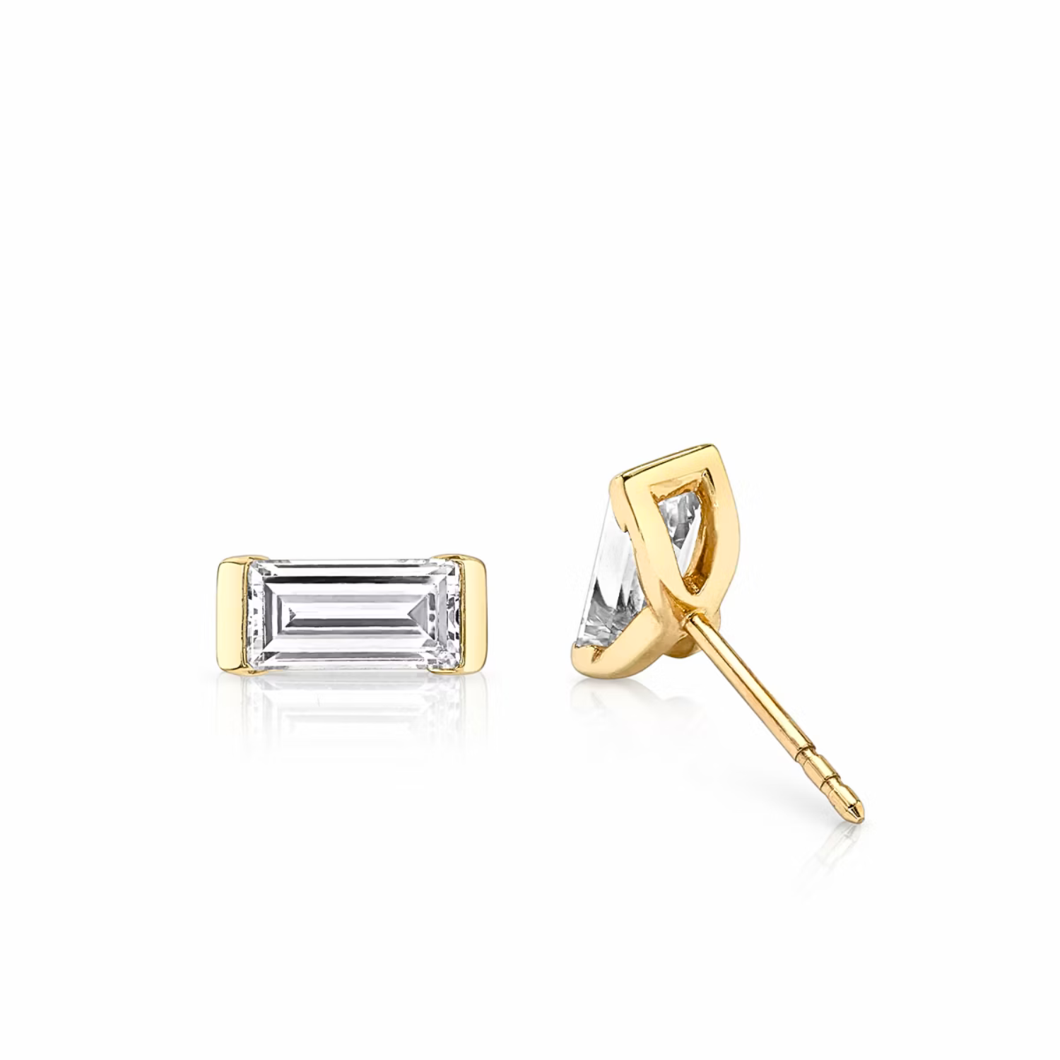 Semi-Bezel Baguette Stud Earrings Yellow Gold