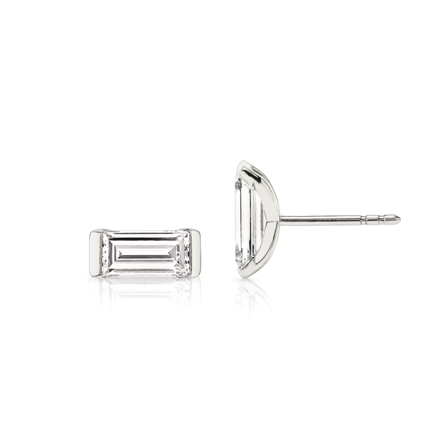 Semi-Bezel Baguette Stud Earrings White Gold