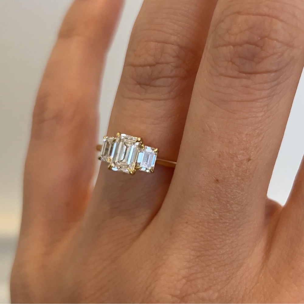 Custom Emerald Cut Diamond Trilogy Ring