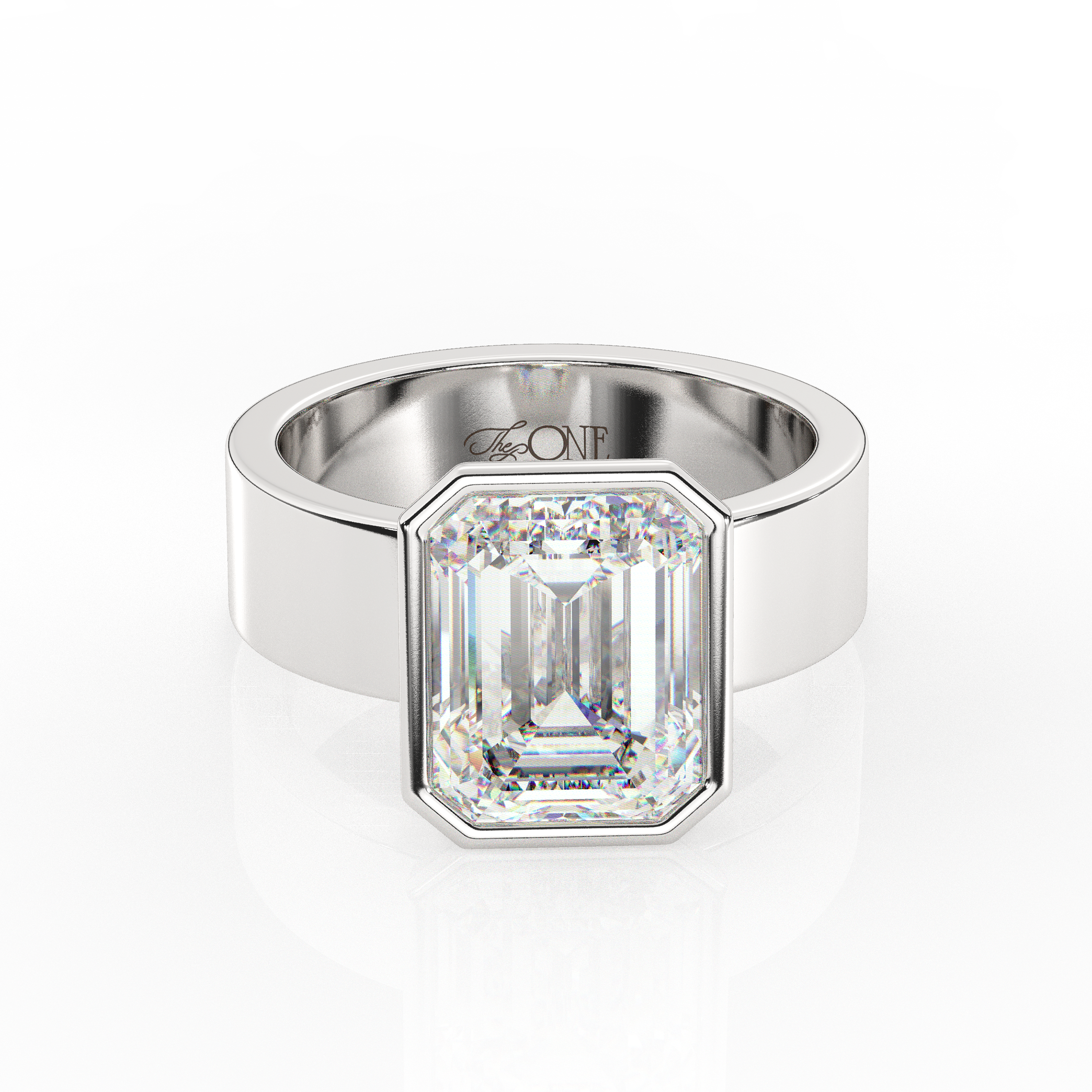Diamond Emerald Bezel Solitaire on a Cigar Band White Gold