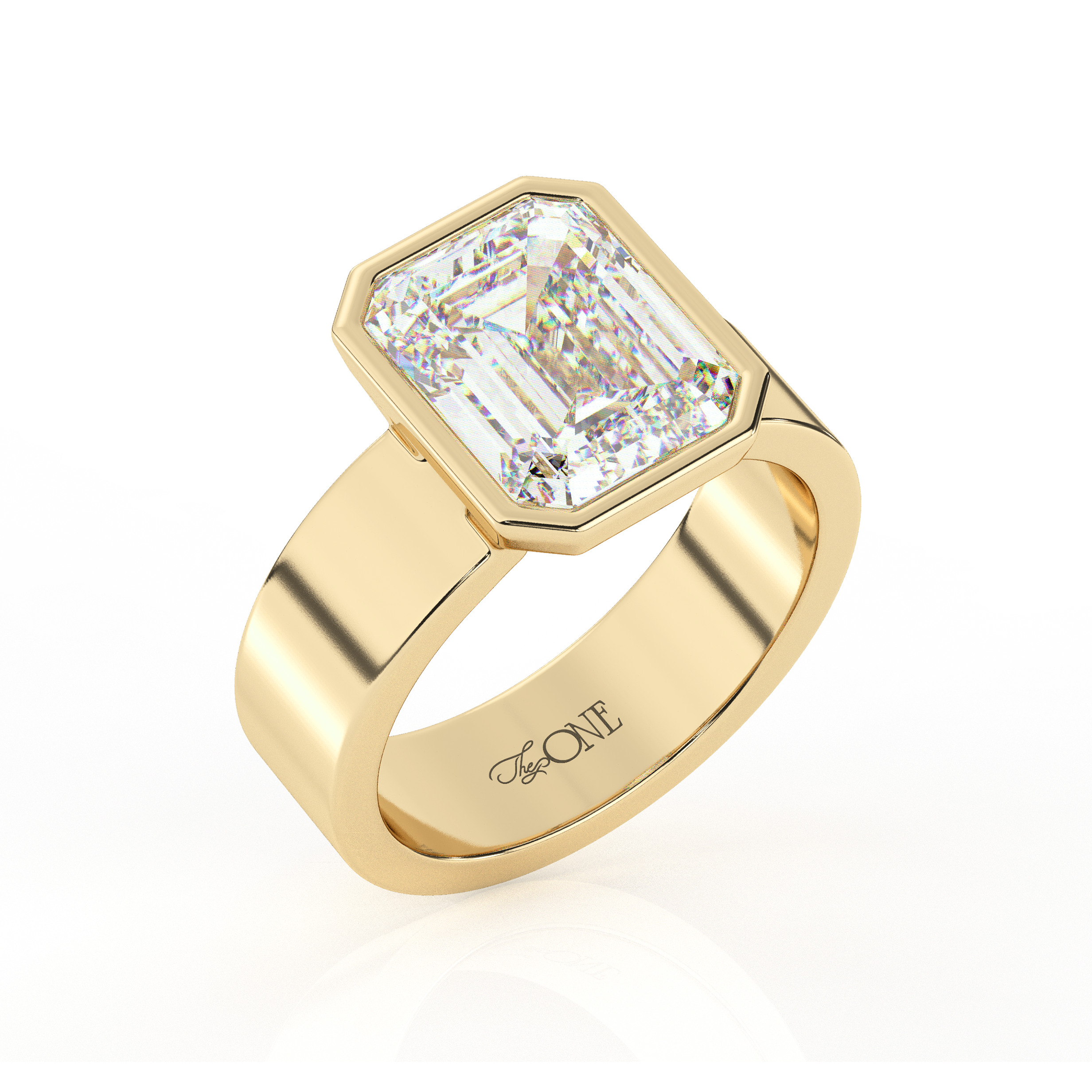 Diamond Emerald Bezel Solitaire on a Cigar Band Yellow Gold