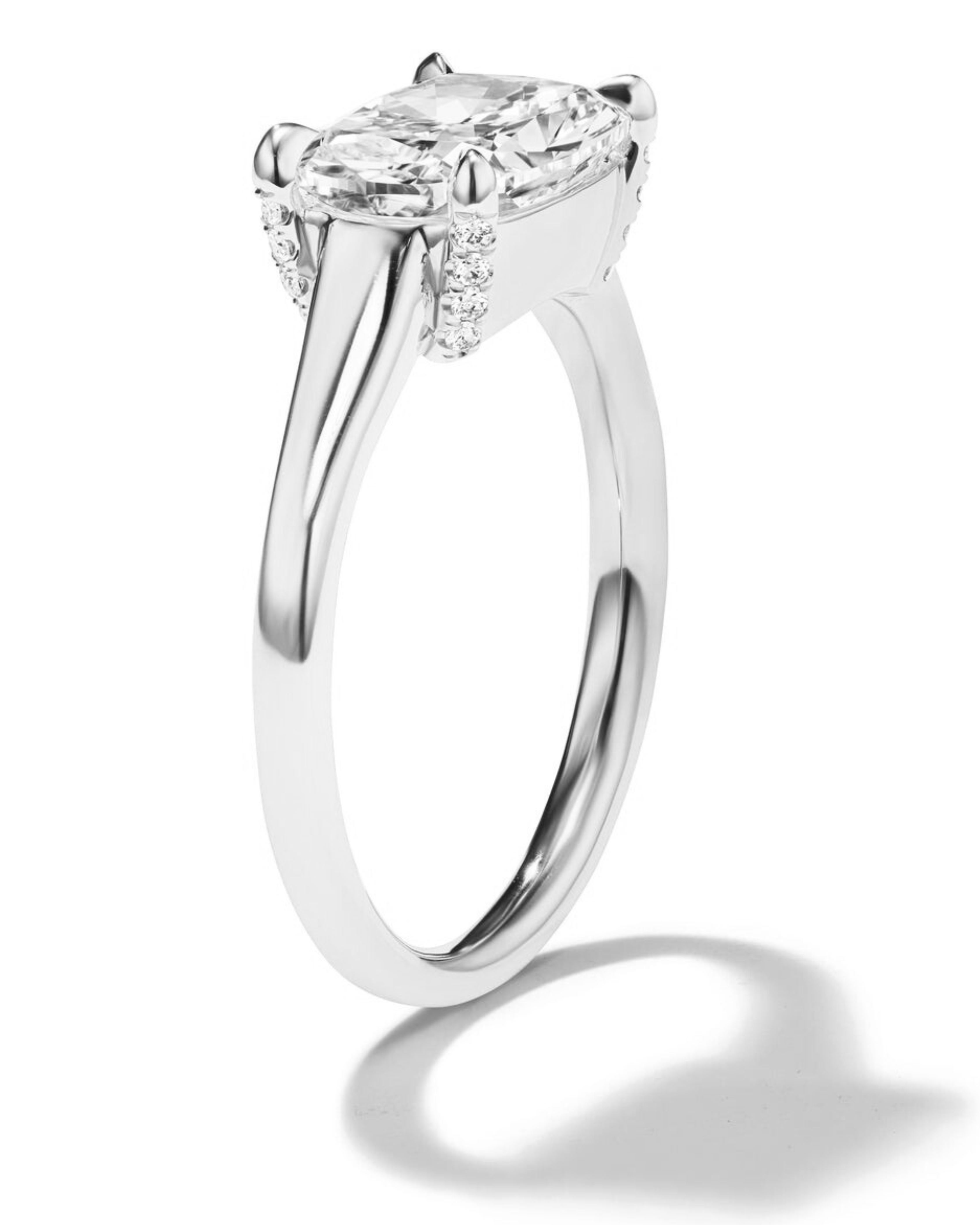 East-West Set Elongated Cushion Cut Diamond Engagement Ring White Gold
