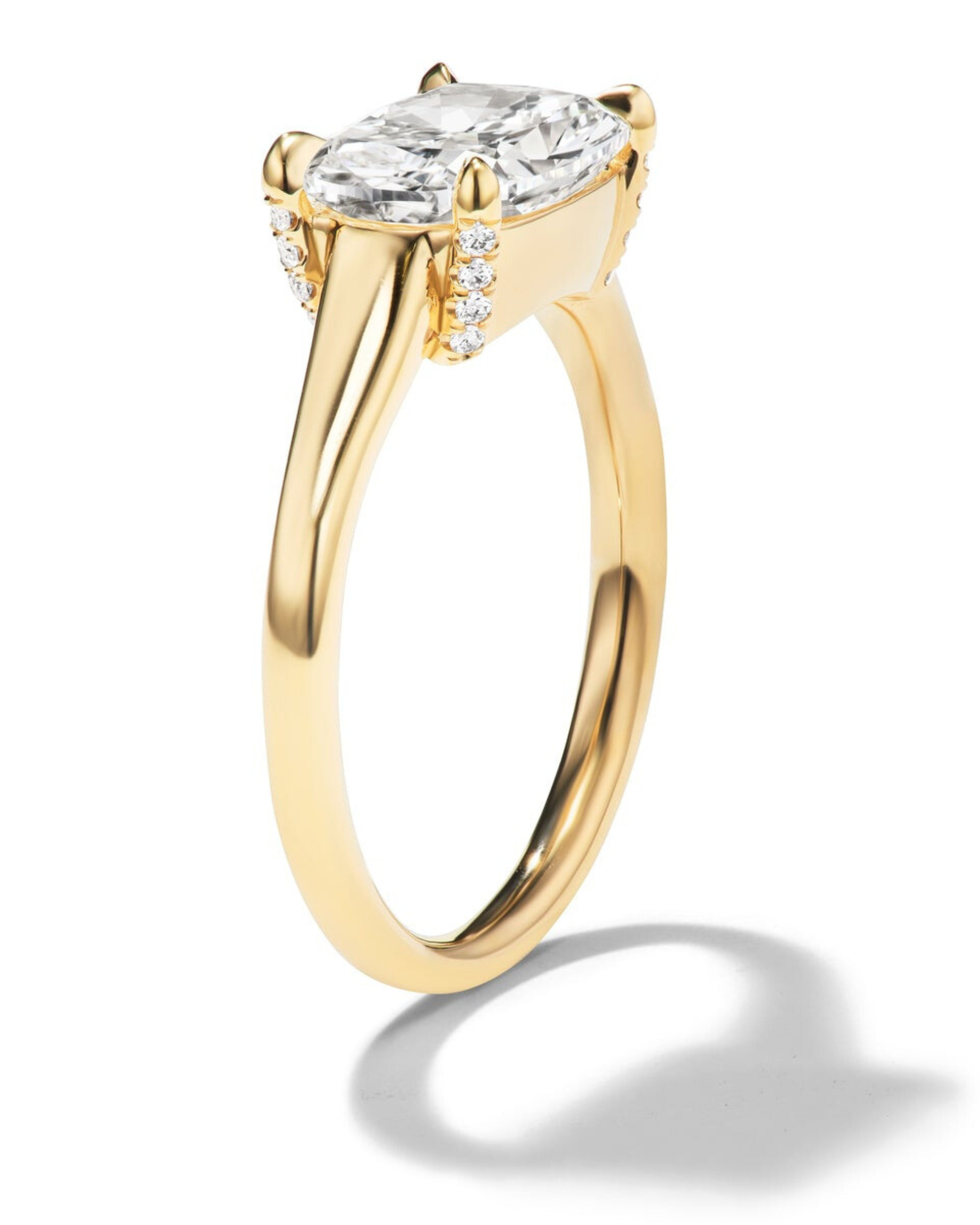 East-West Set Elongated Cushion Cut Diamond Engagement Ring Yellow Gold