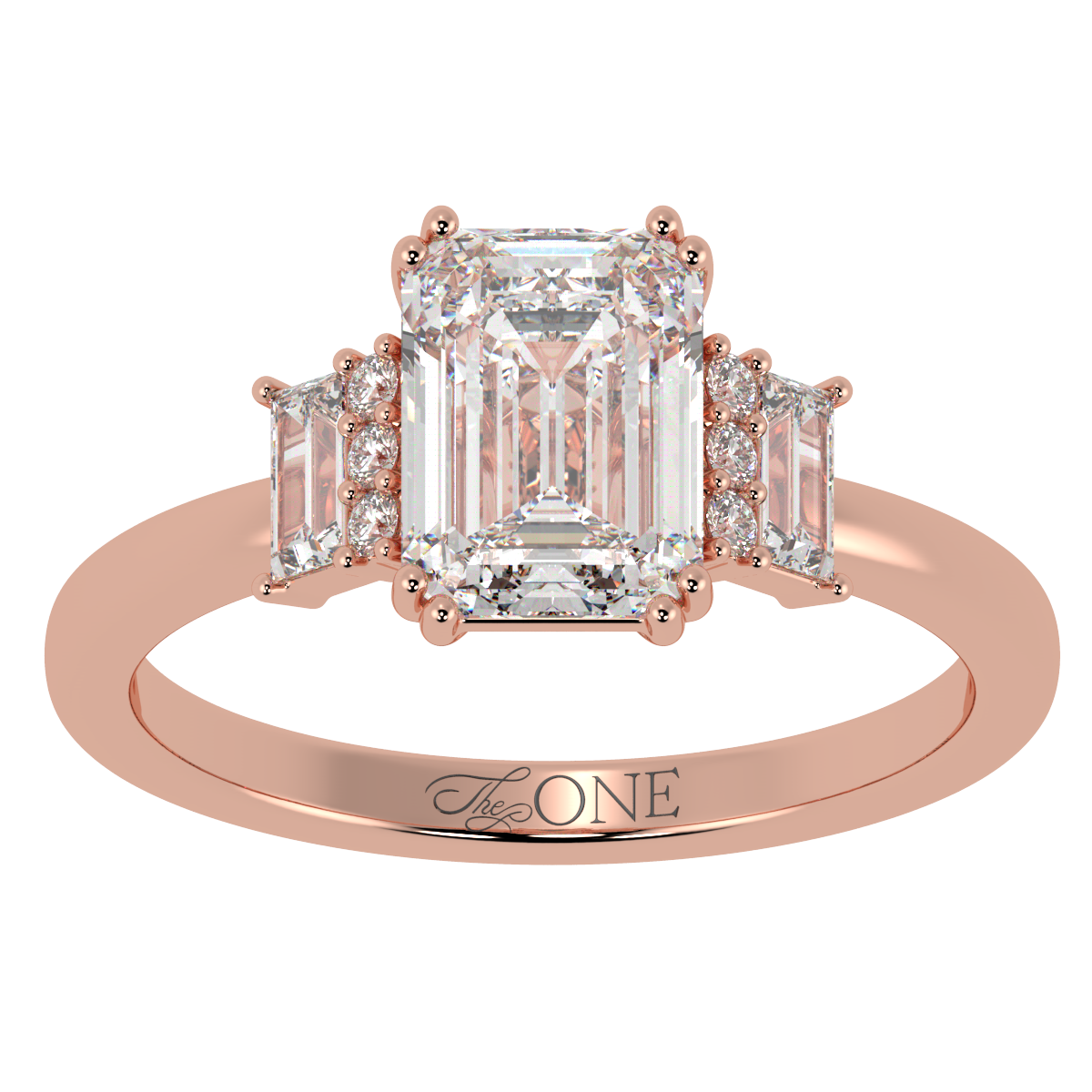 Emerald, Baguette & Round Diamond Engagement Ring Rose Gold