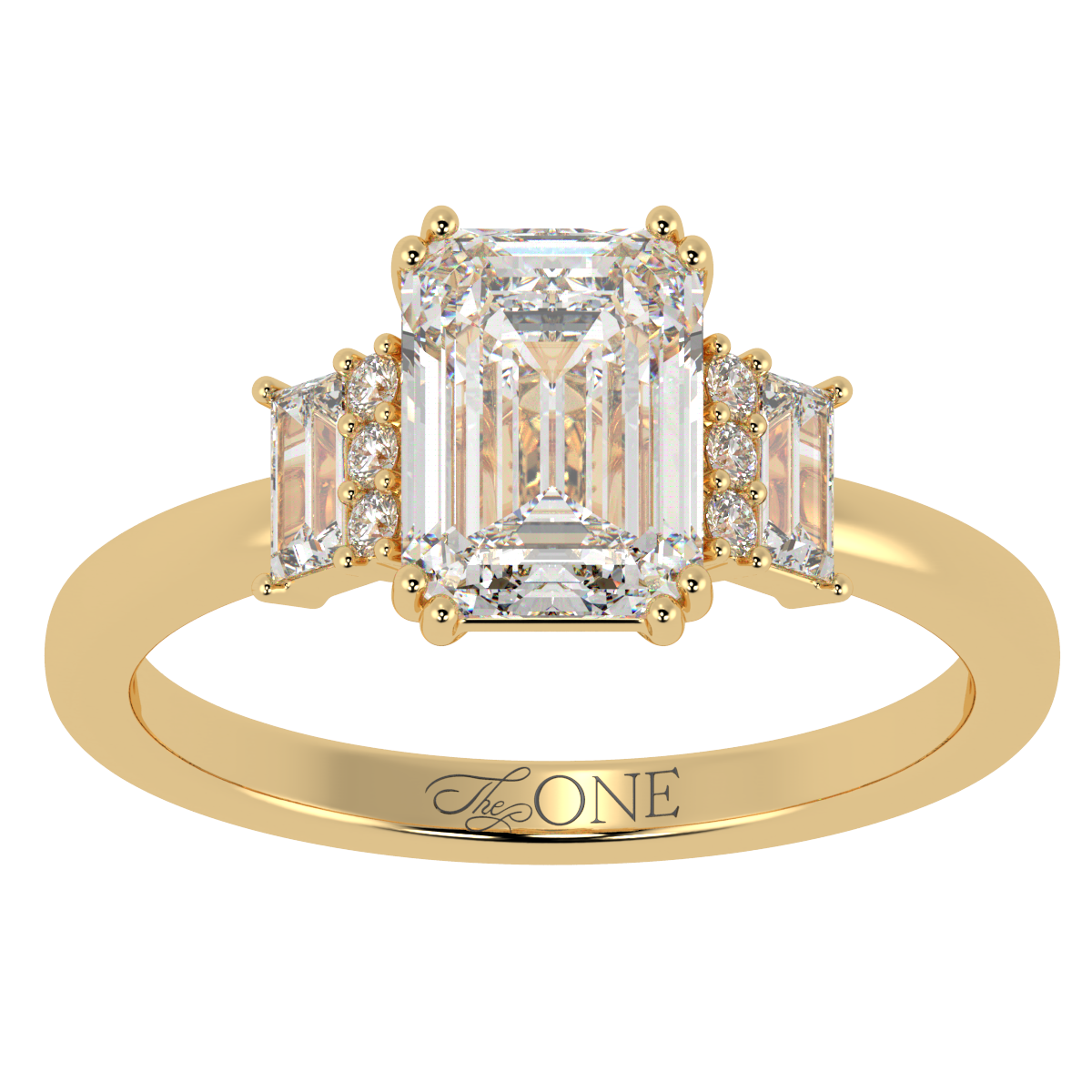 Emerald, Baguette & Round Diamond Engagement Ring Yellow Gold