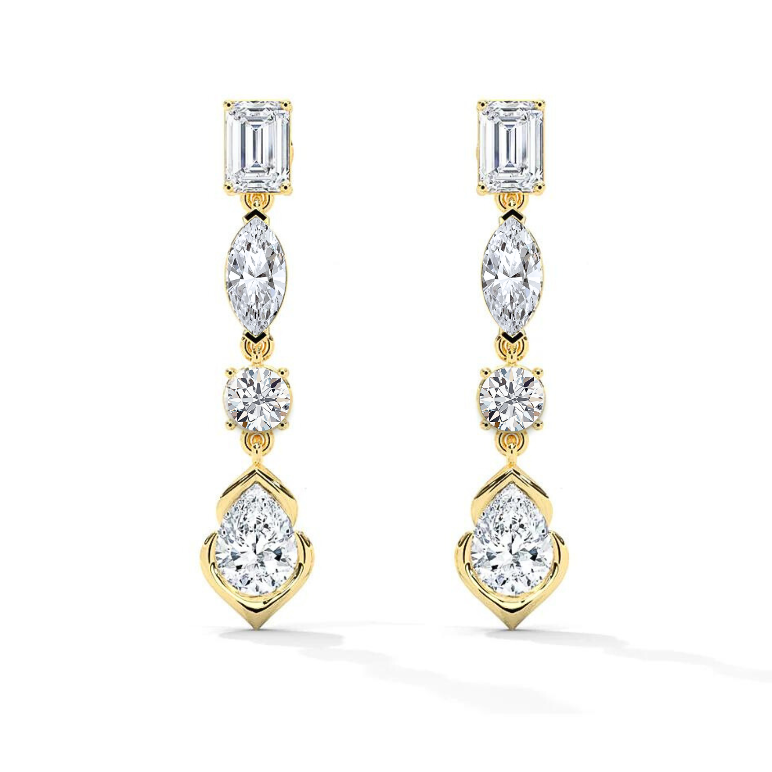 Four-Shape Diamond Drop Earrings Yellow Gold