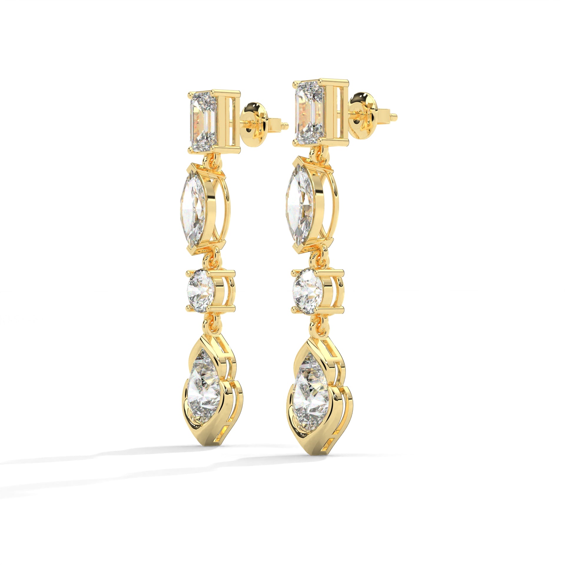Four-Shape Diamond Drop Earrings Yellow Gold