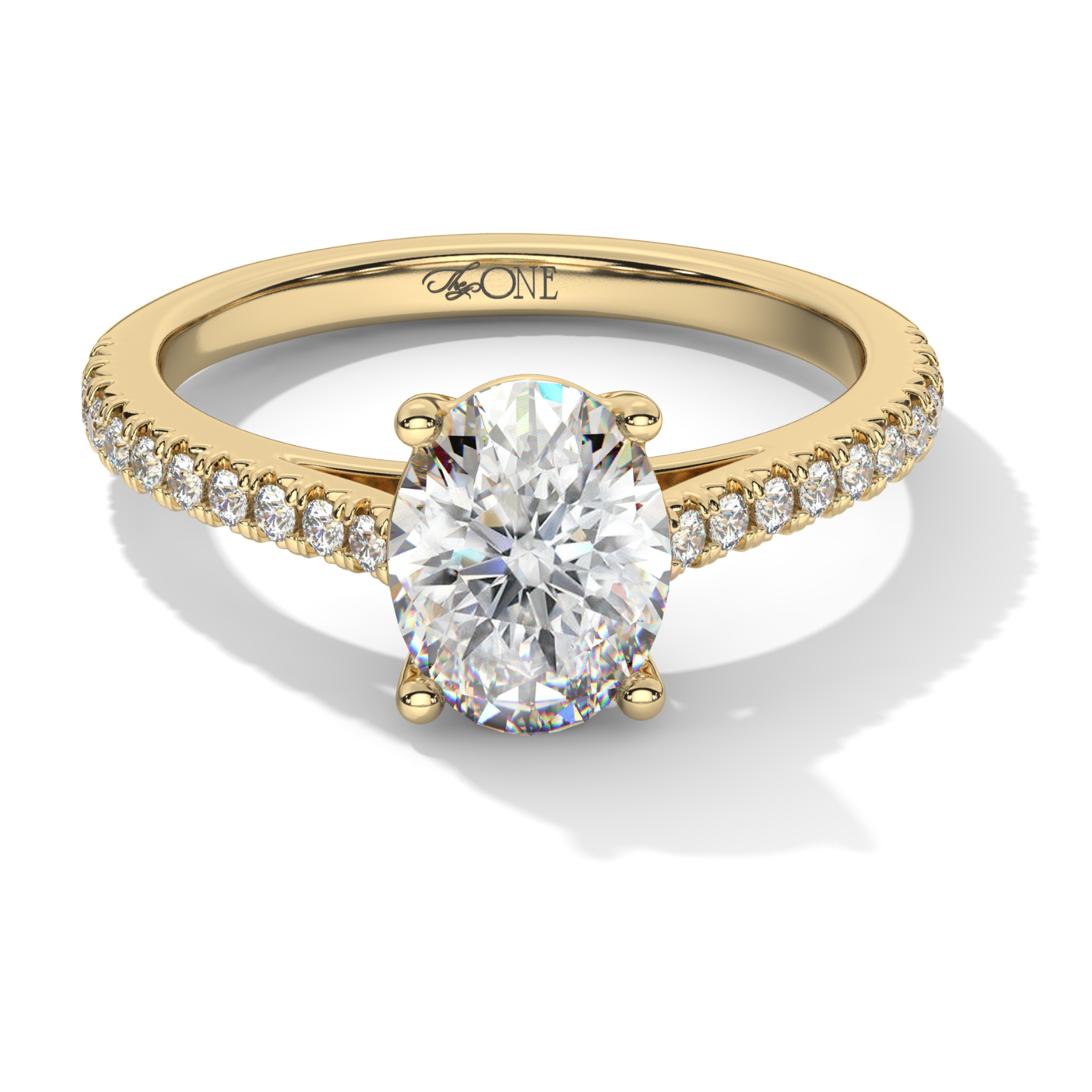 Oval Diamond on a Pavé Band With a Hidden Halo Yellow Gold