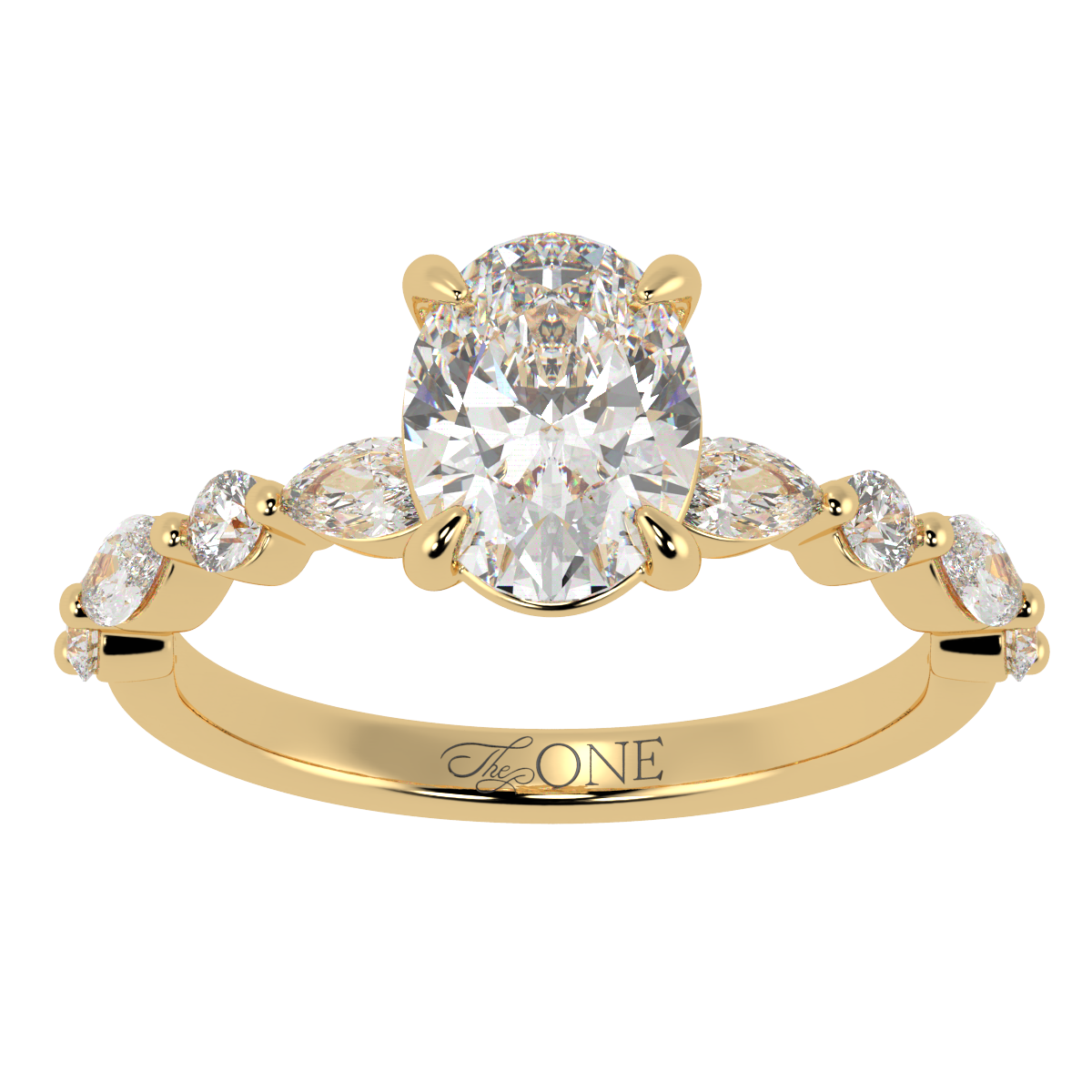 Oval Engagement Ring with Round & Marquise Accents Yellow Gold