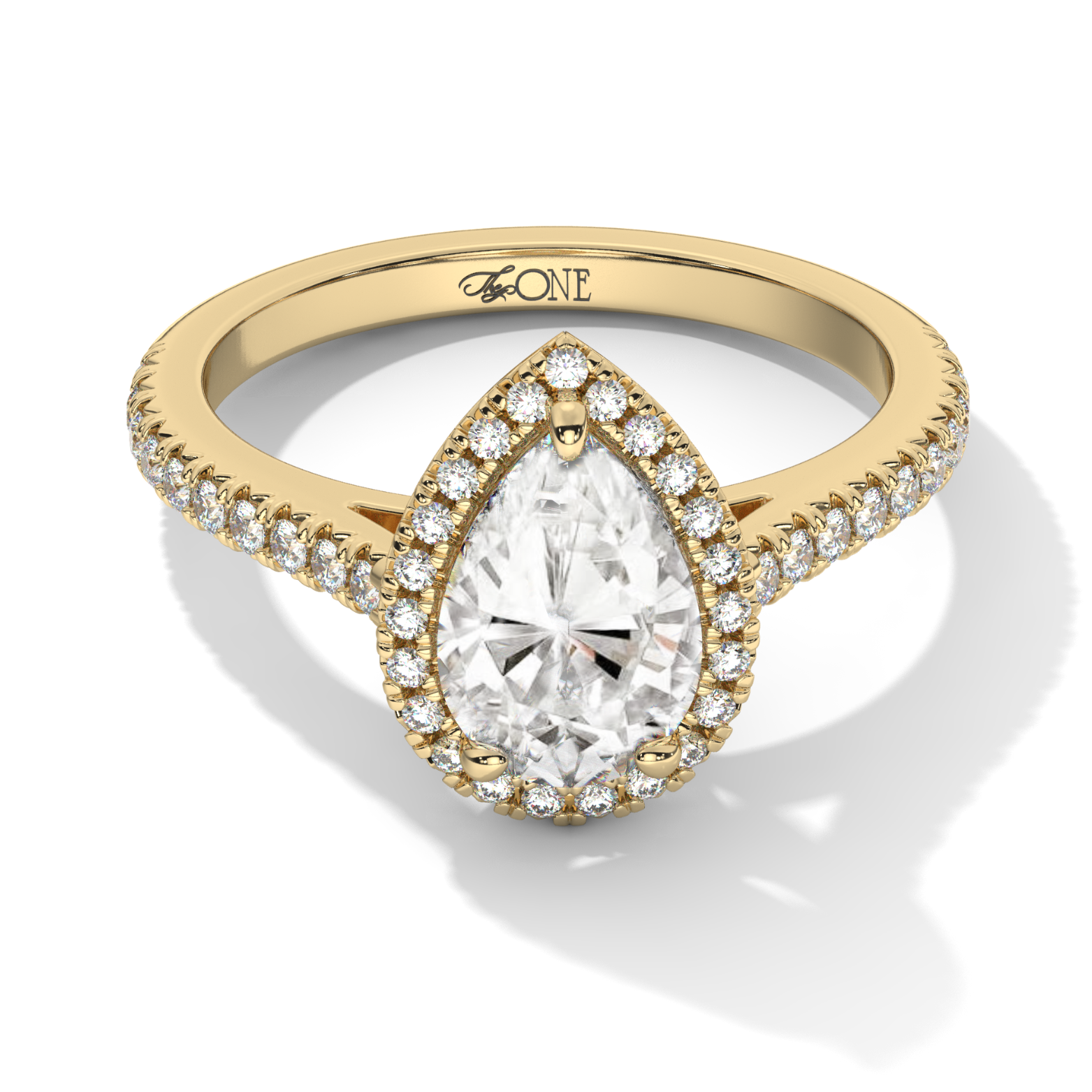 Pear Halo, 3/4 Pavé Band Yellow Gold
