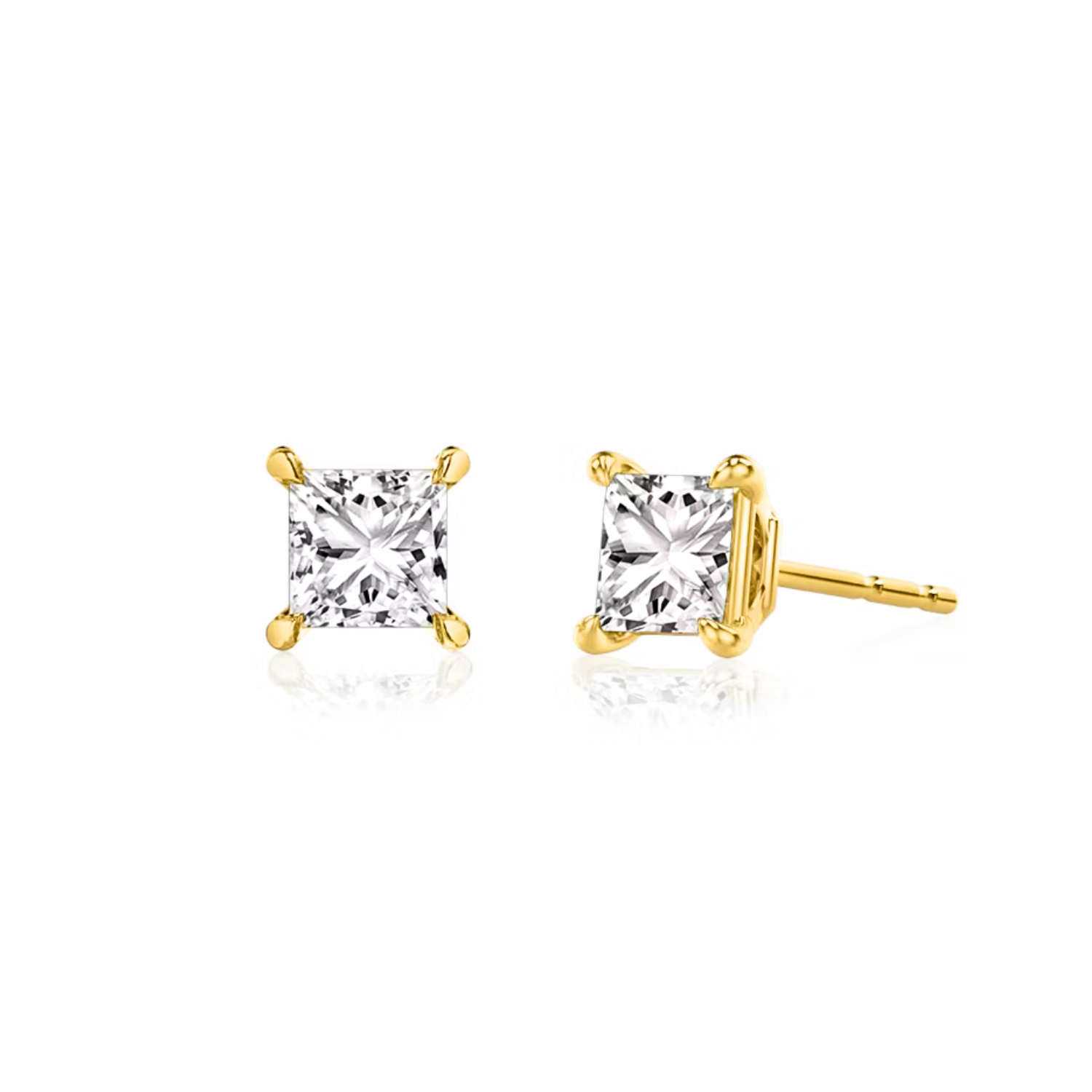 Princess Cut Diamond Stud Earrings Yellow Gold