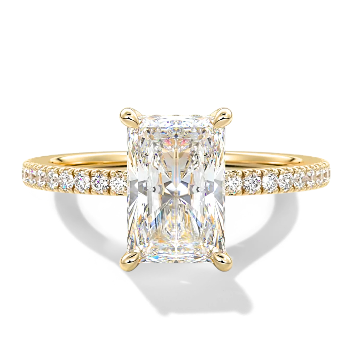 Radiant Cut Diamond on a Pavé Band with a Hidden Halo Yellow Gold