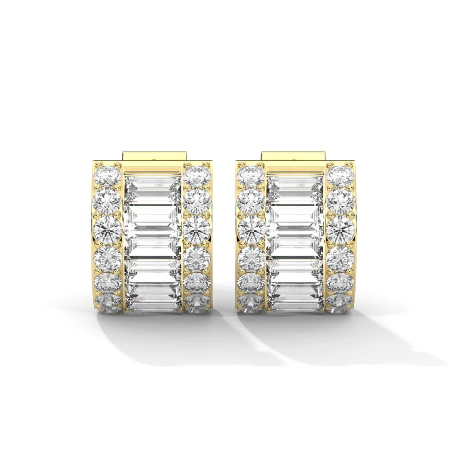 Round & Baguette Huggie Earrings Yellow Gold