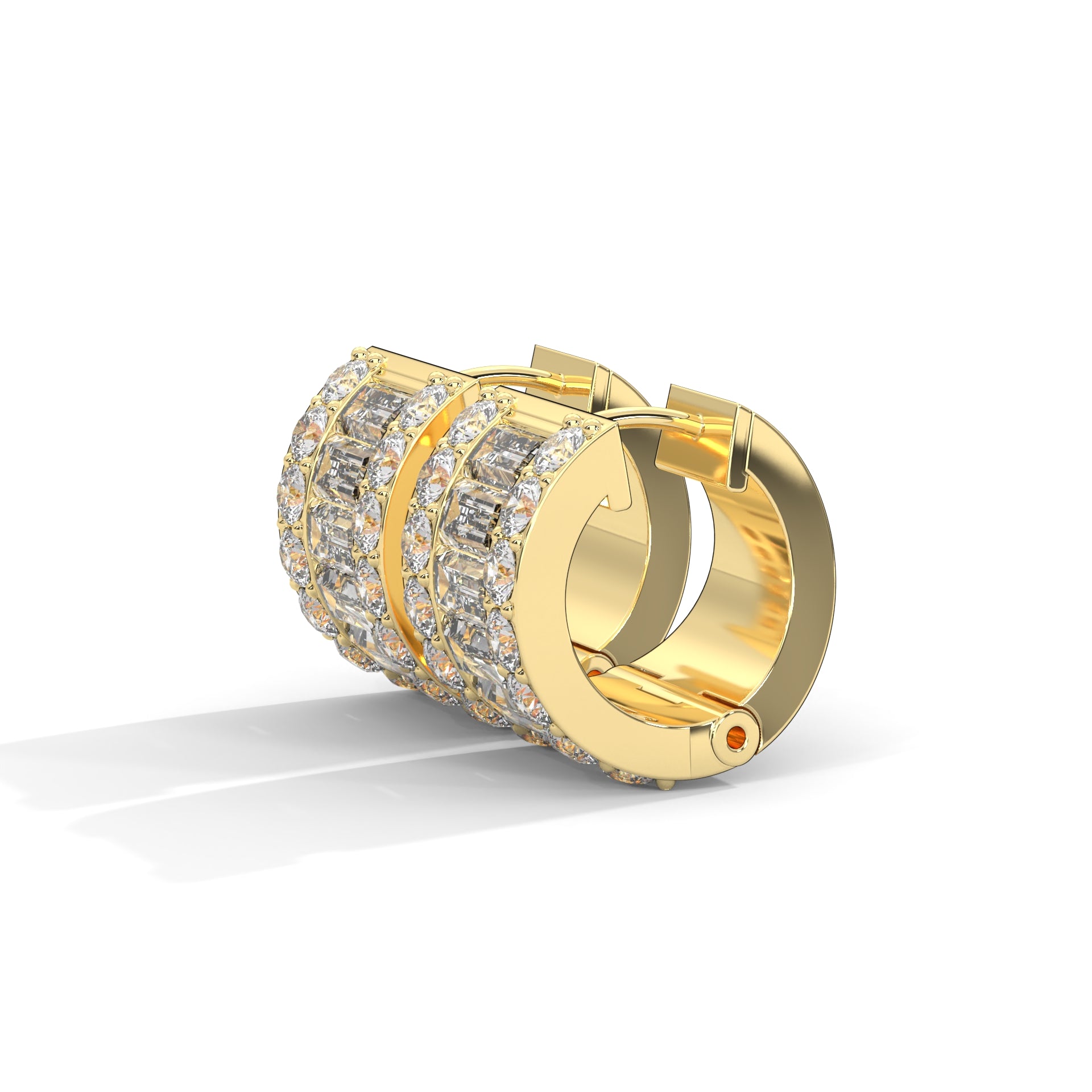Round & Baguette Huggie Earrings Yellow Gold