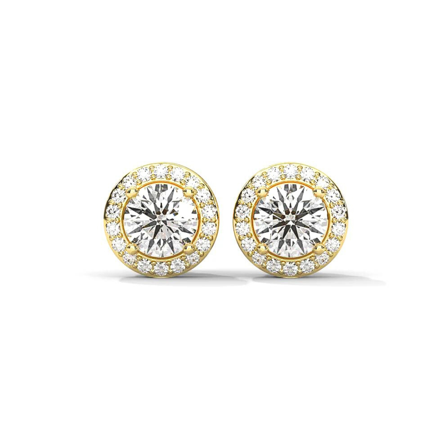 Round Diamond Halo Stud Earrings Yellow Gold